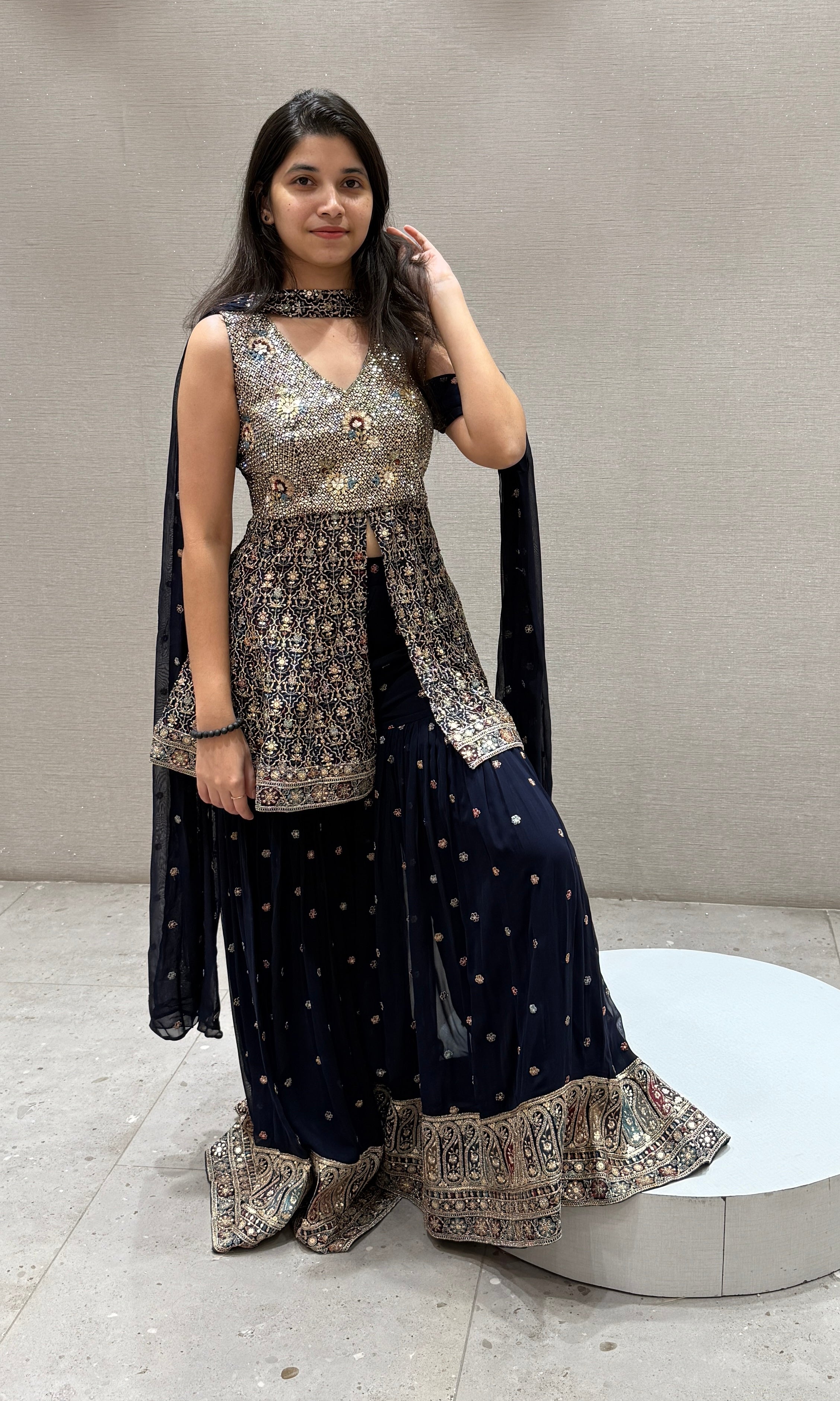 Navy Blue Embroidered Sharara Set