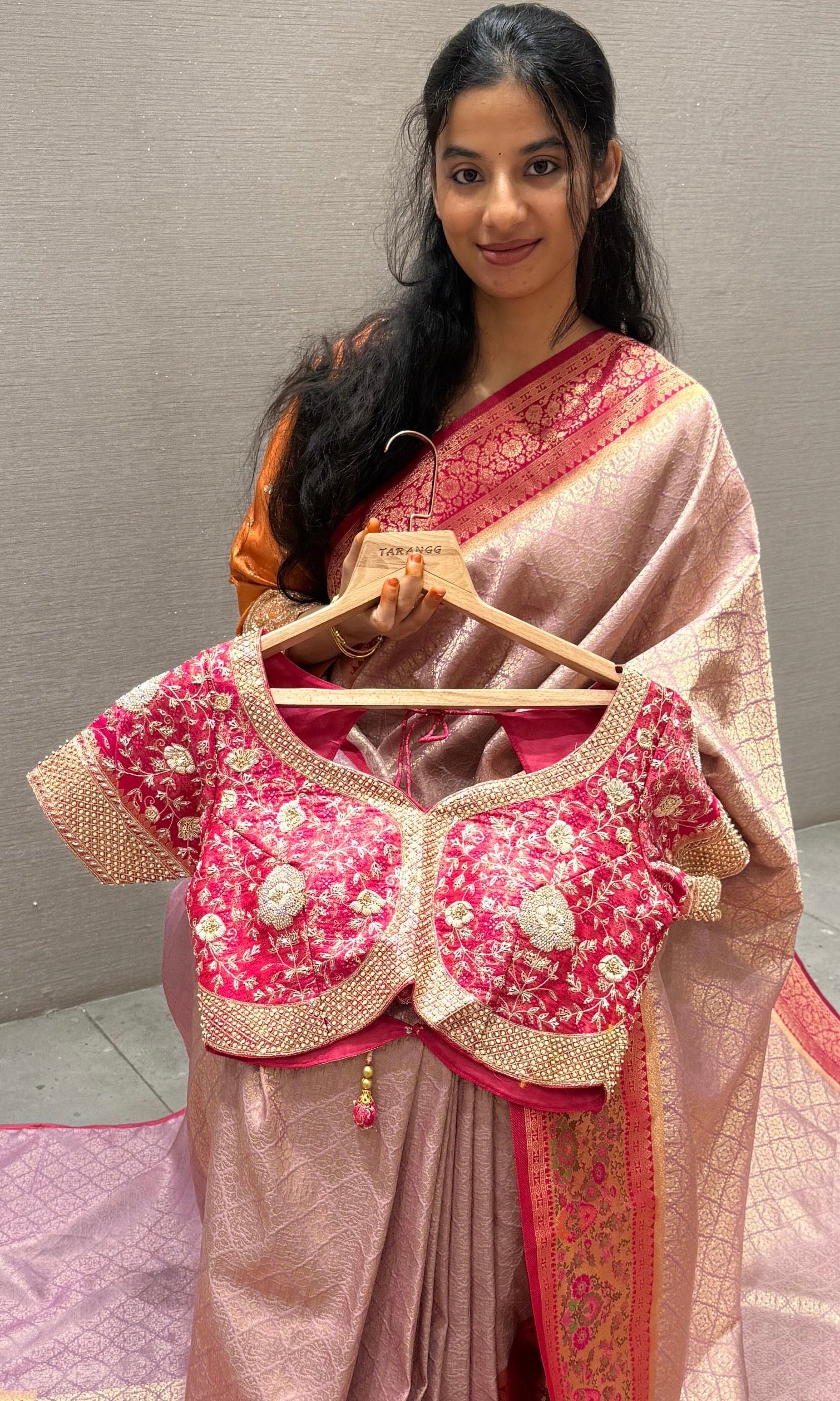Pink saree with ready blouse