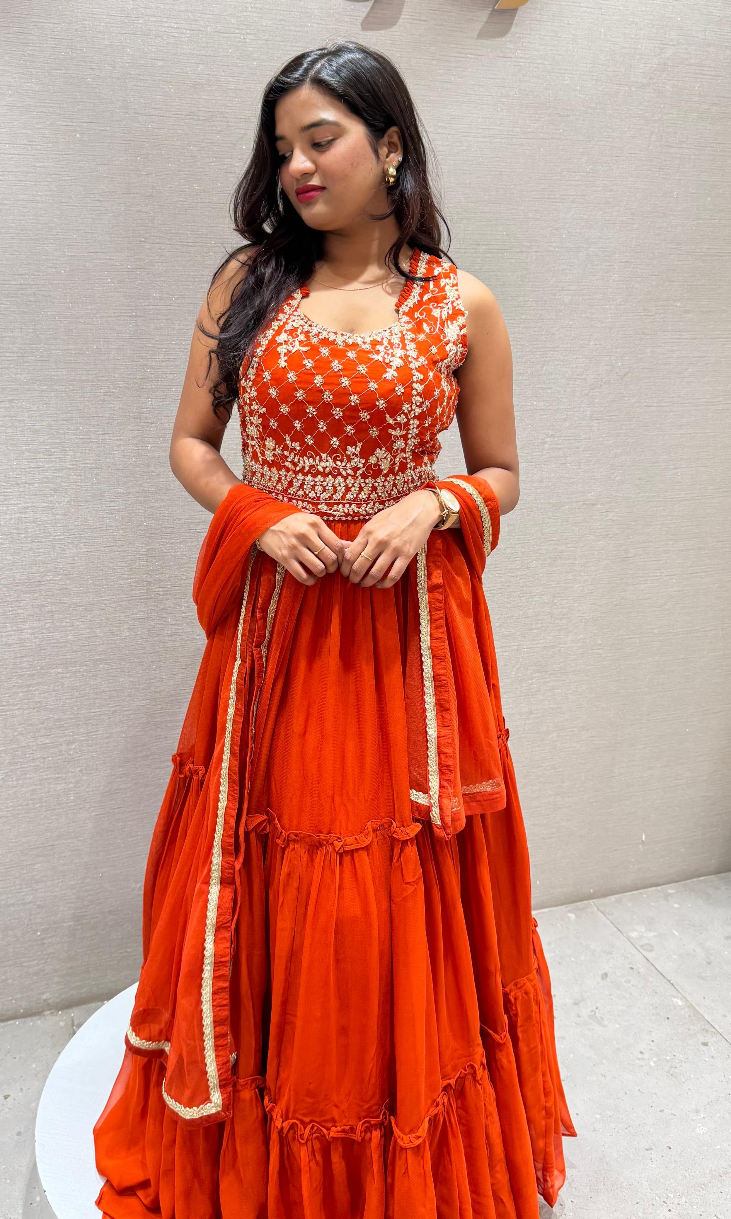 Orange RUFFLE ANARKALI LONG dress