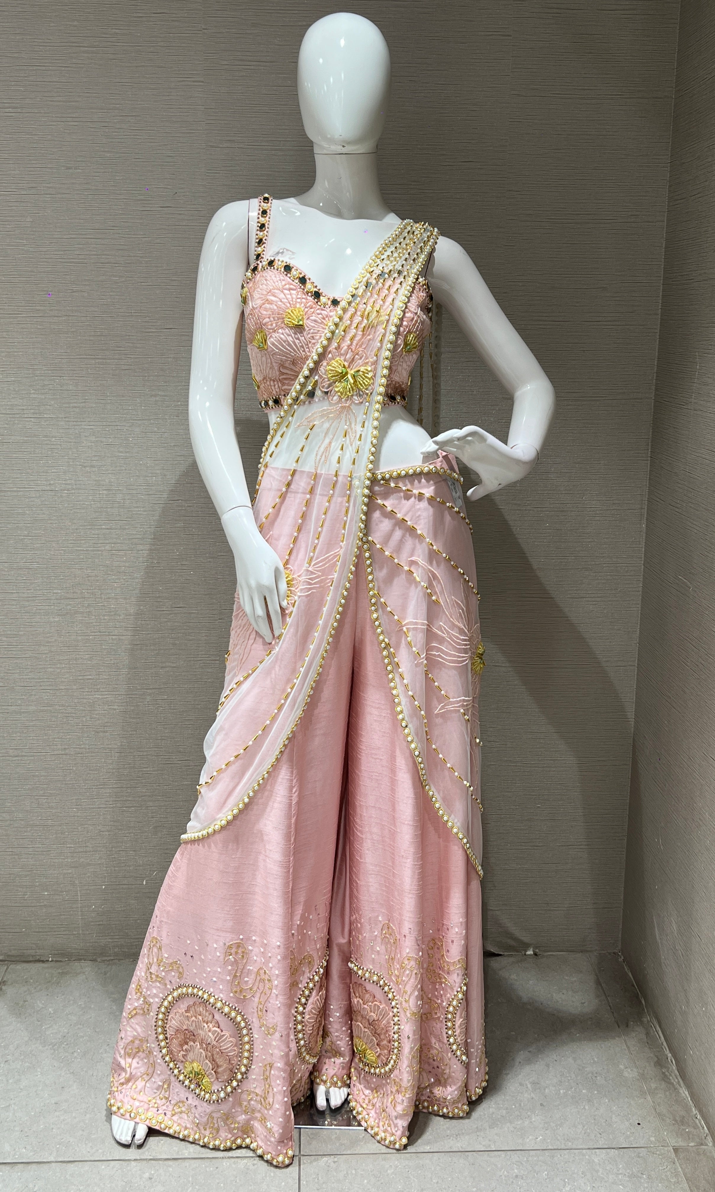 Baby pink palazzo with draped pallu