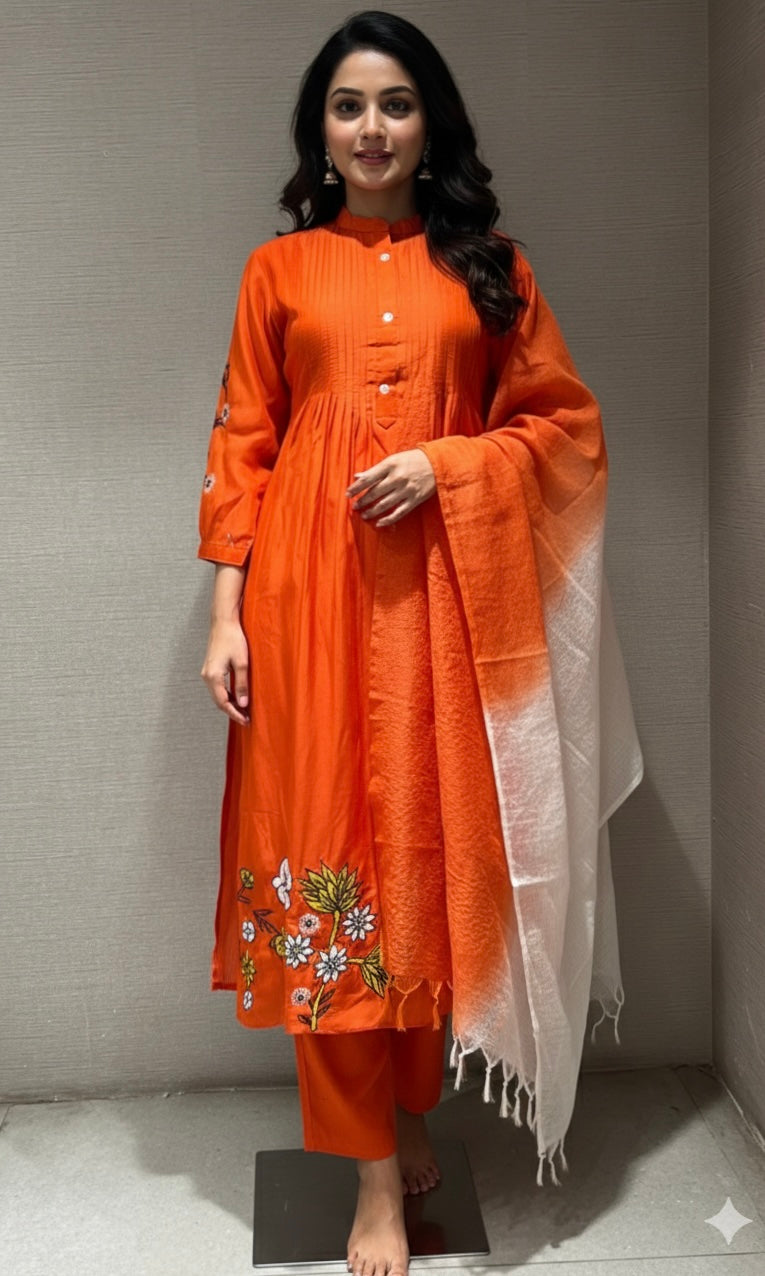 Orange floral embroidery mul chanderi kurta set