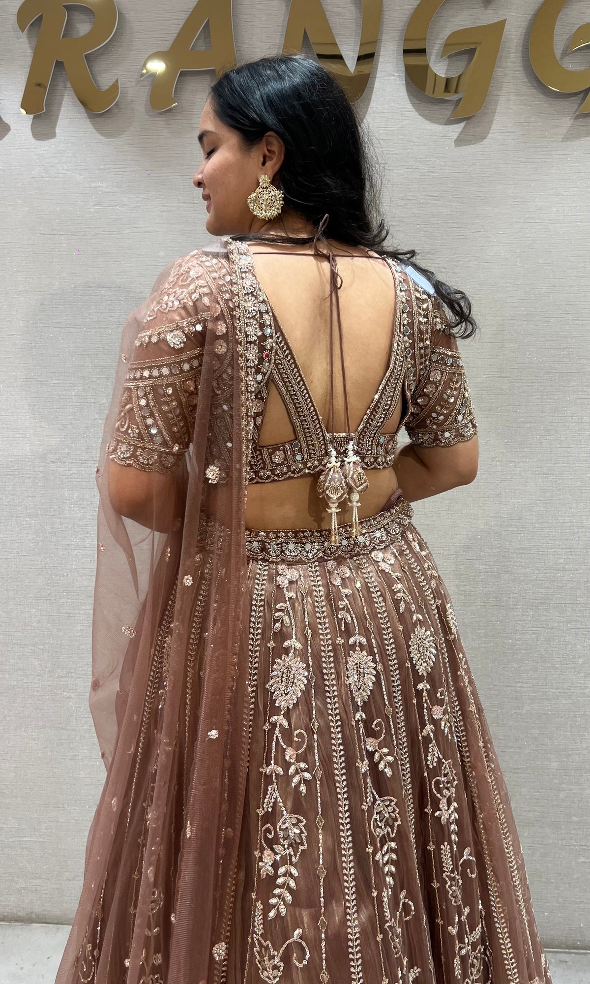 Mocha Brown Embellished Net Lehenga Choli Set