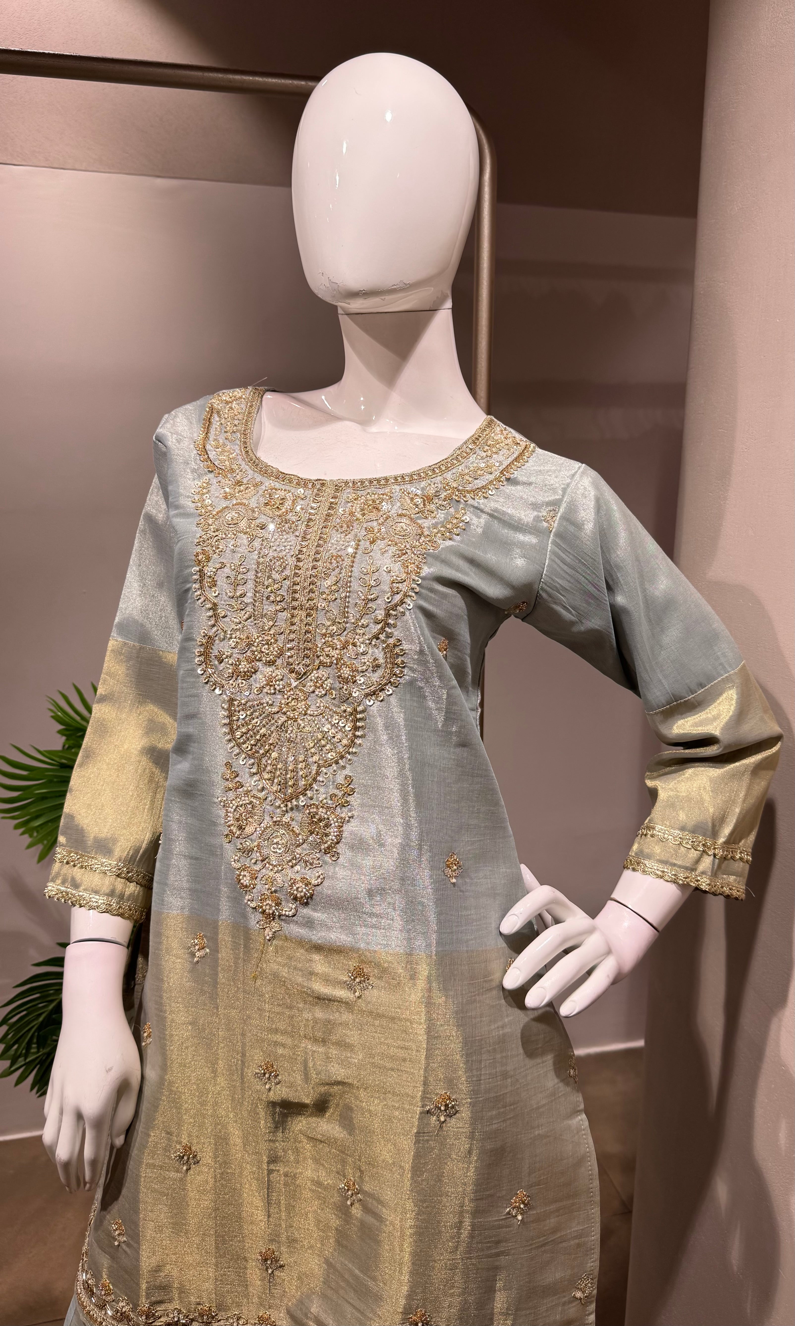 Grey & Gold Embroidered Festive Sharara Set