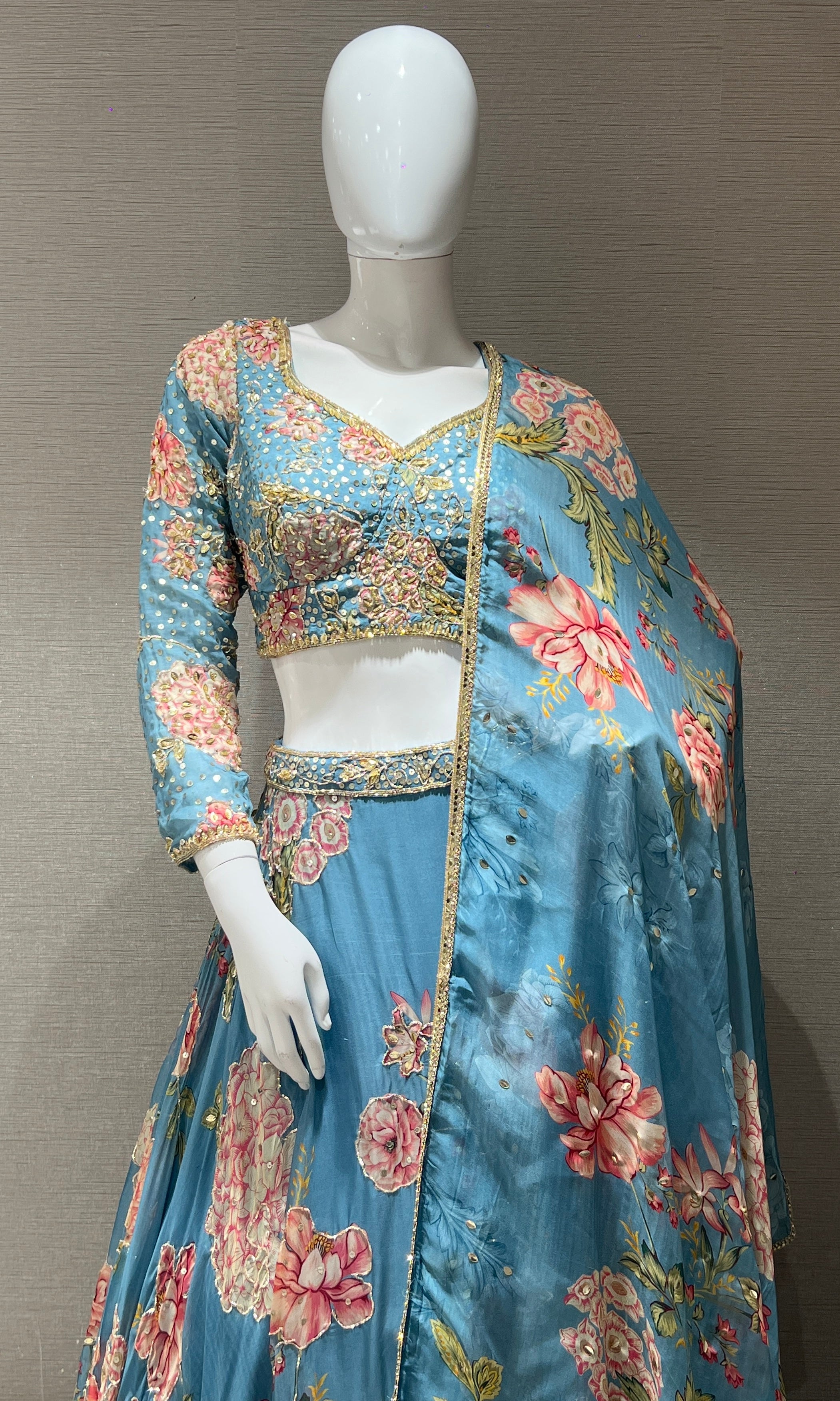 Light Blue Floral Embroidered Lehenga