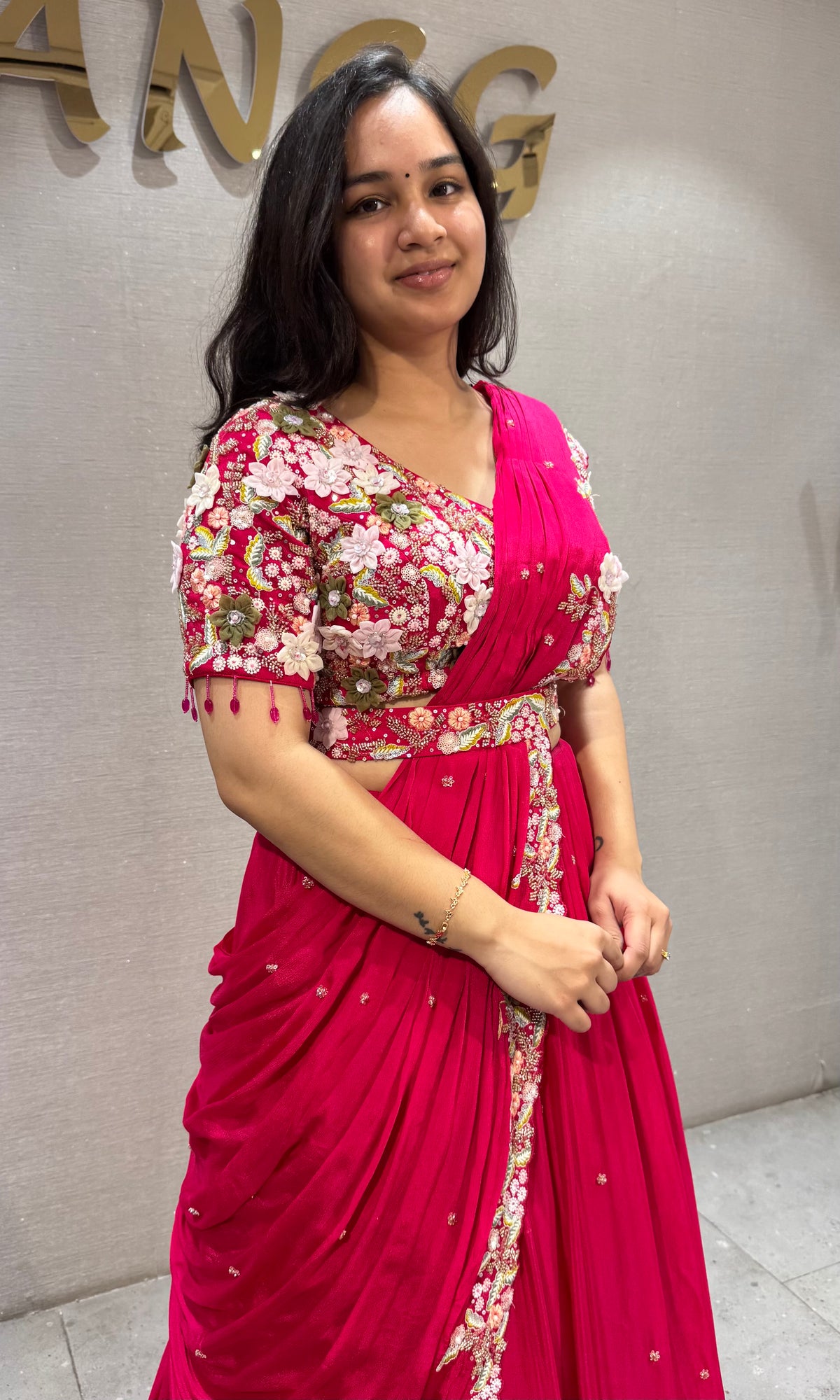 Fuchsia Georgette Pink Draped Saree with Embroidered Silk Blouse & Belt
