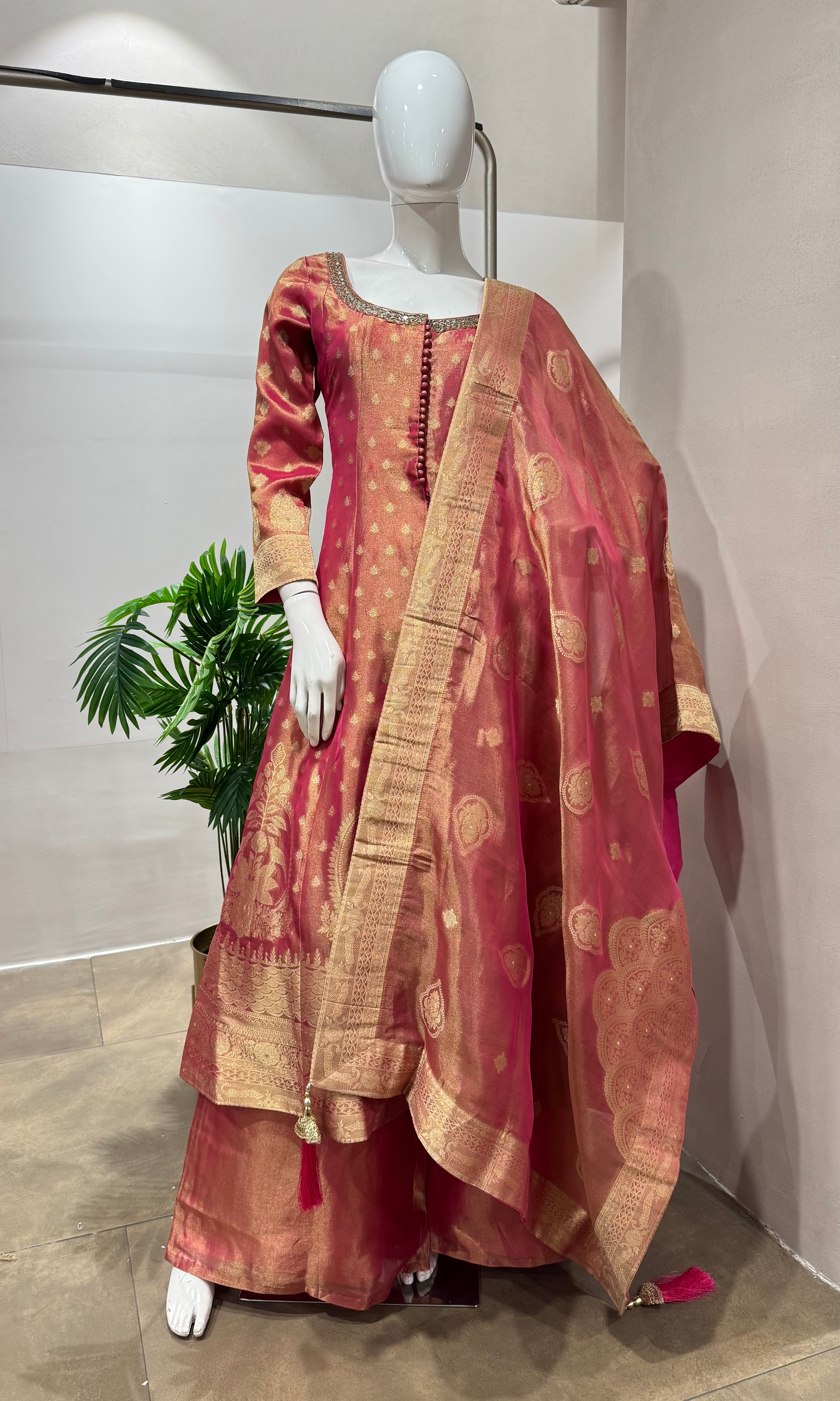 PINK BANARASI ANARKALI WITH PALAZZO PANTS