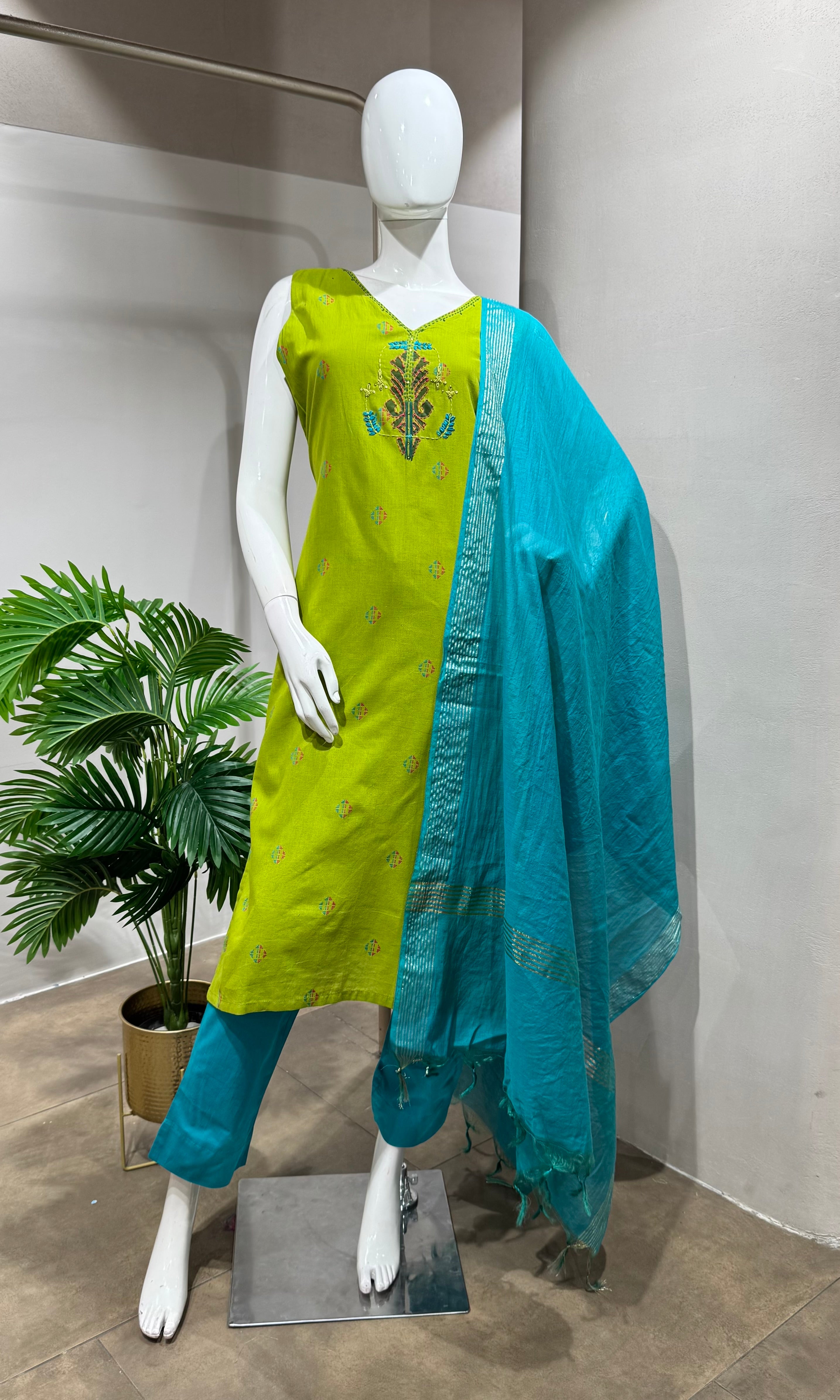 Green Embroidered Kurta Set with blue dupatta