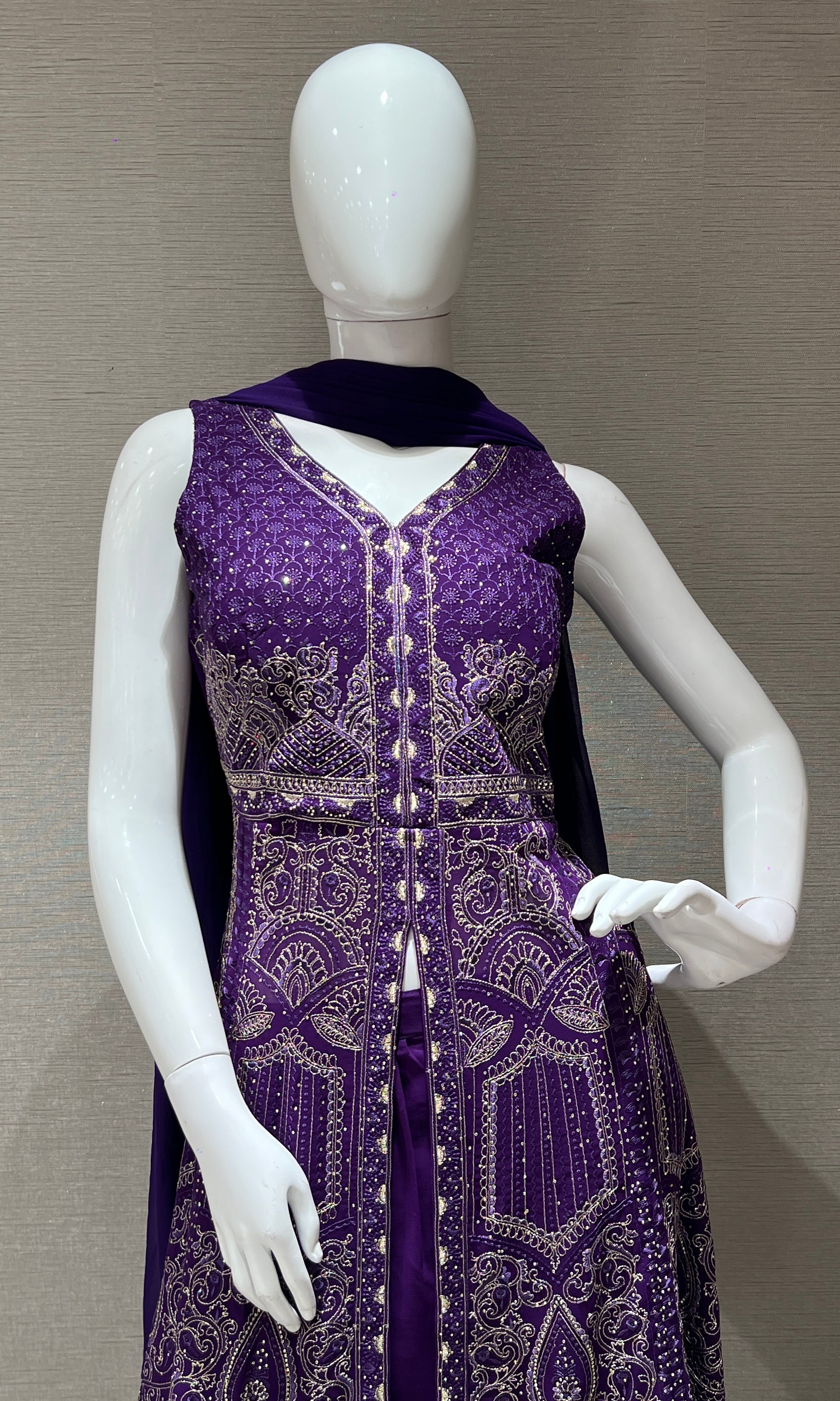 Purple front slit Anarkali with palazzo pants
