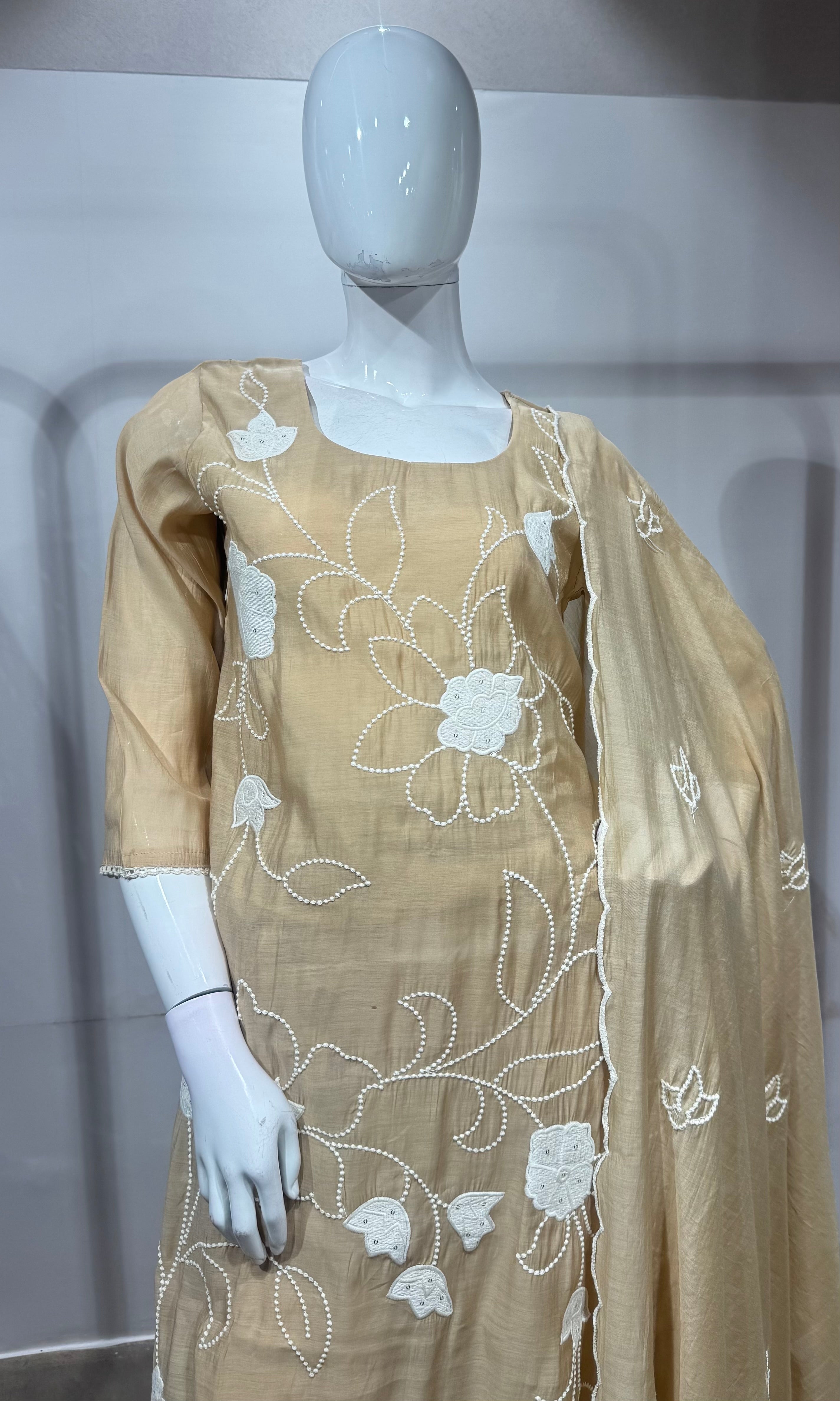 Beige Floral Thread Embroidered Kurta Set