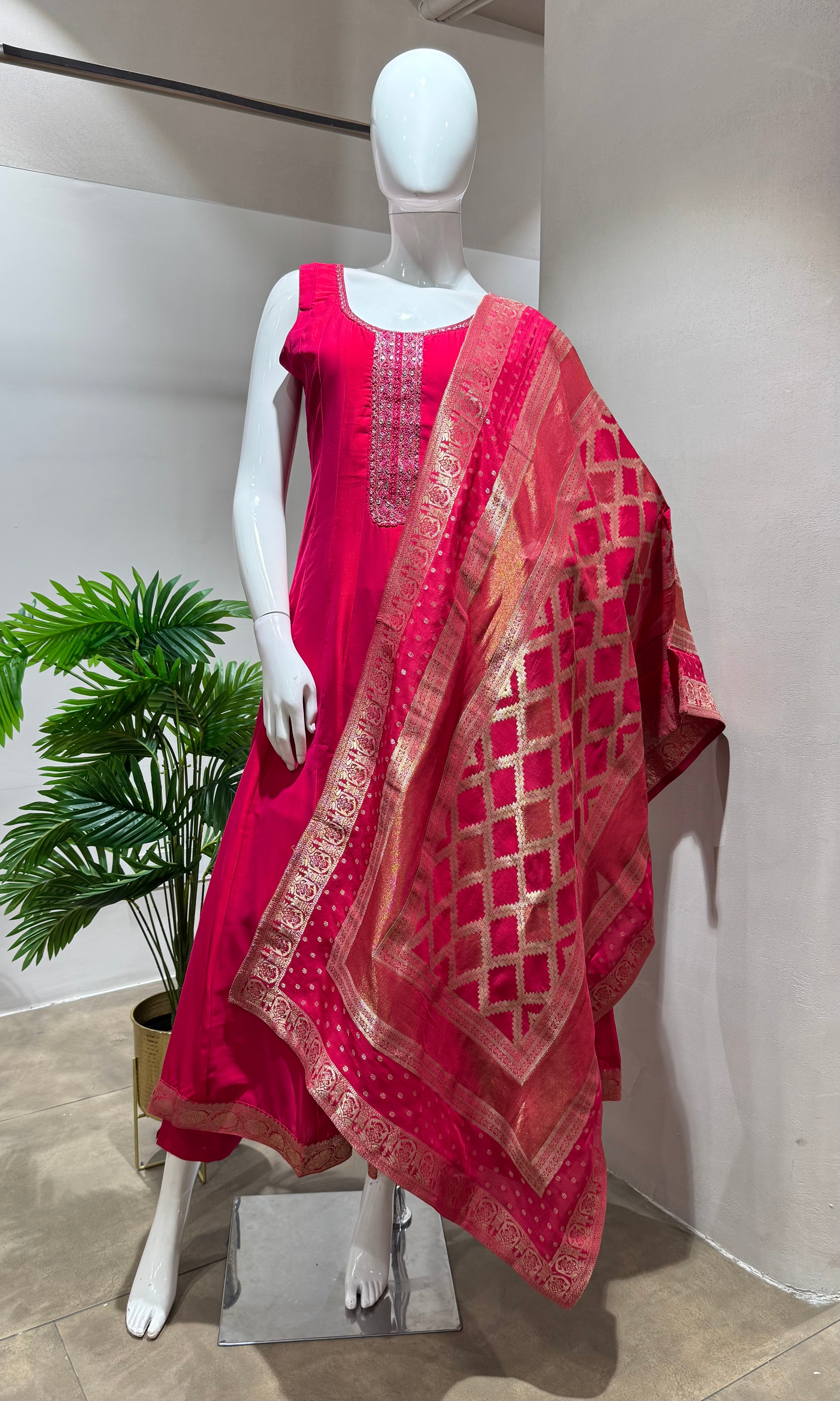 RANI PINK GOLD DUPATTA ANARKALI SET