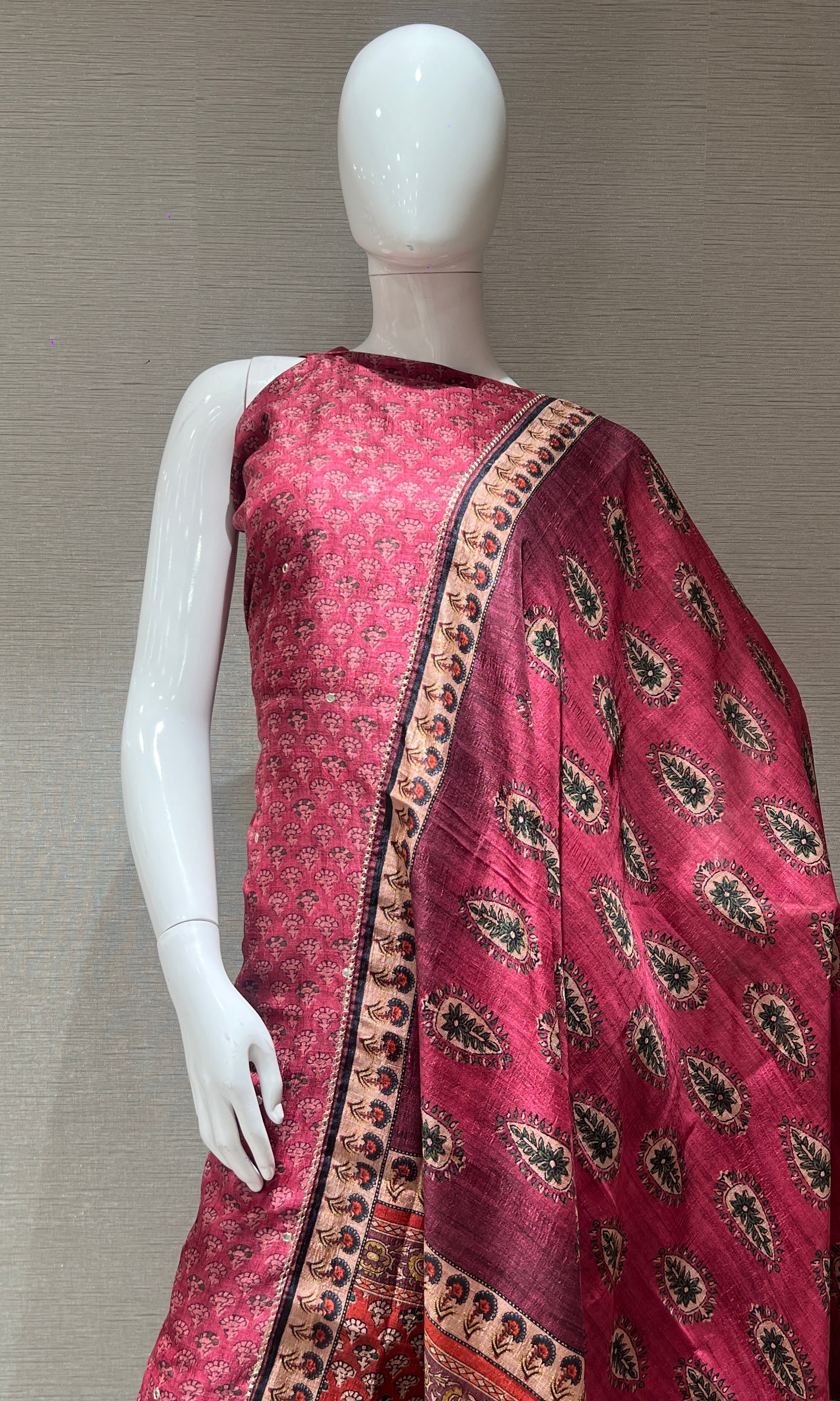 Wine Block Print Dress Material