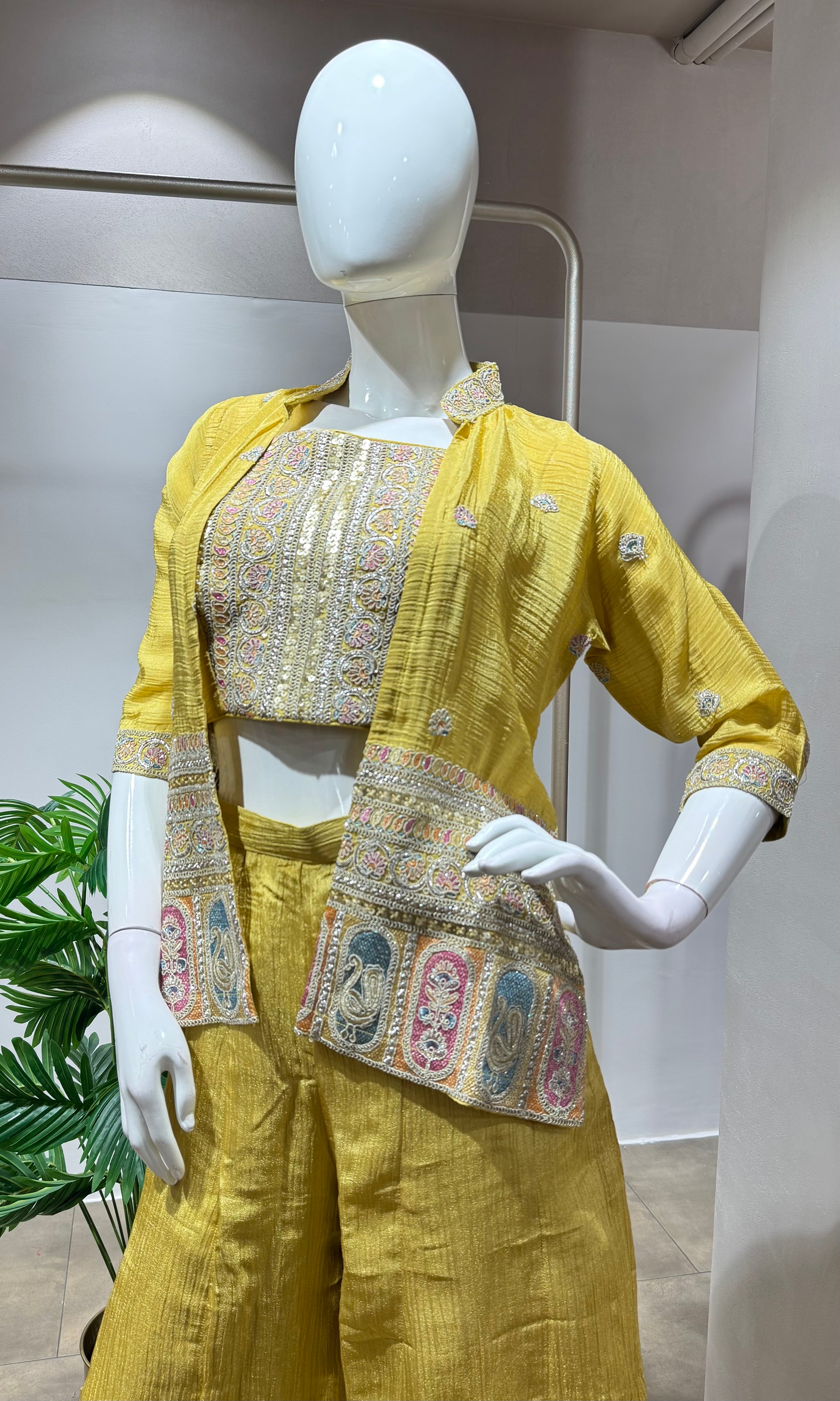 Yellow palazzo with crop top and jacket