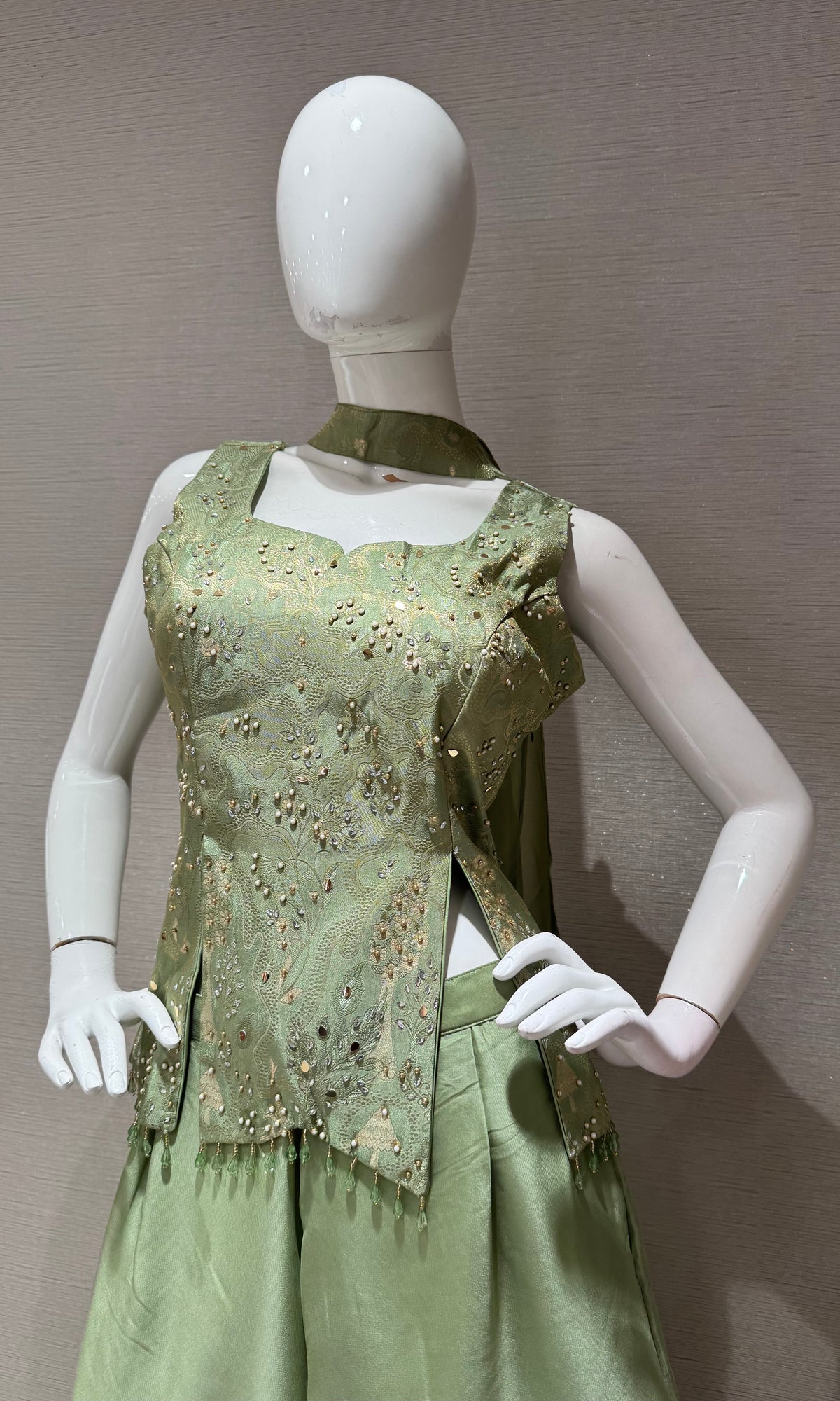 Pastal Green Satin Embellished Crop Top and Palazzo Set
