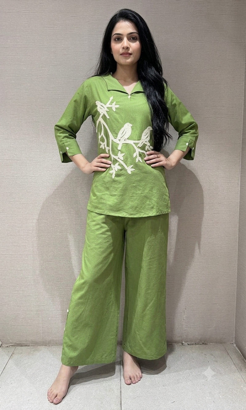 Green Bird Print Tunic Cord set