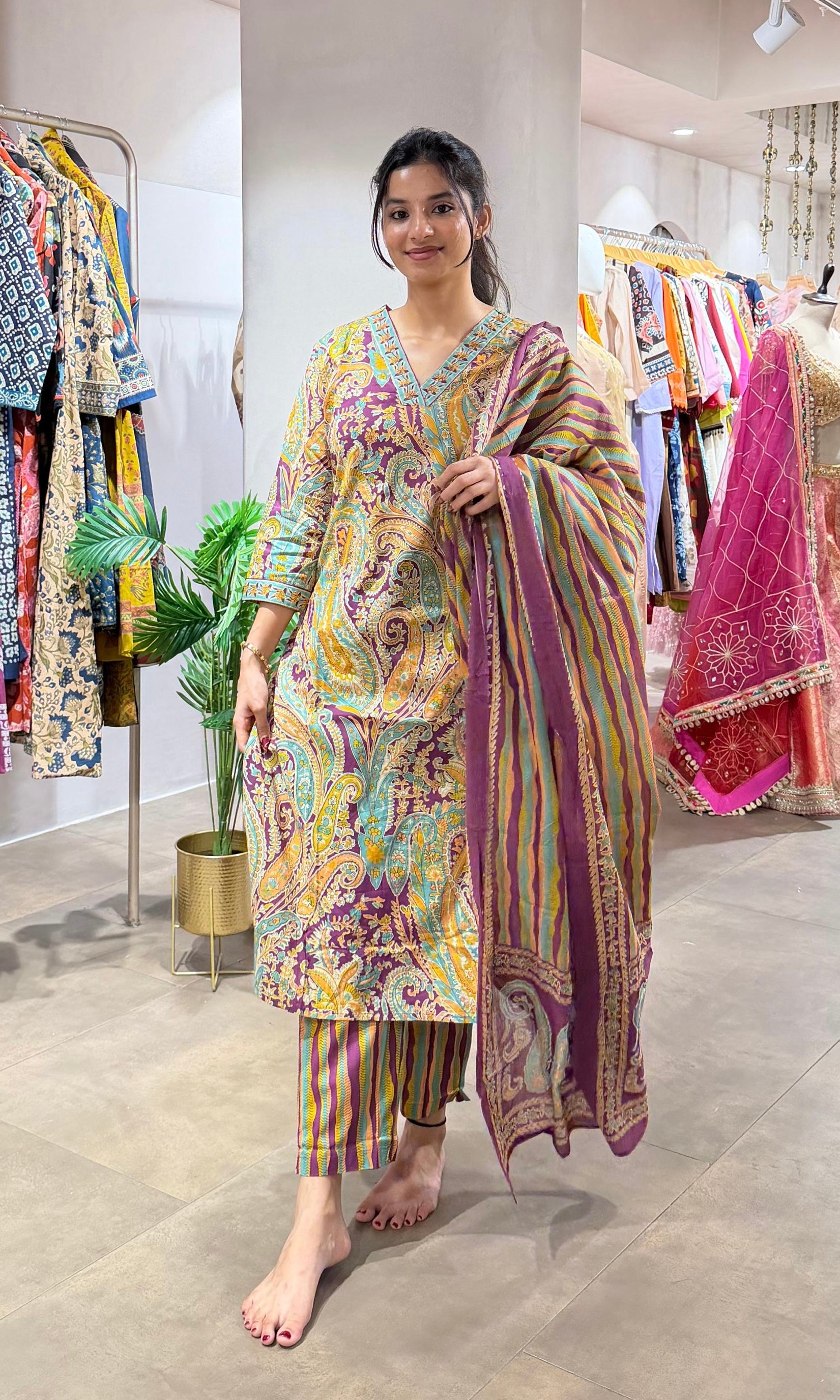 Violet paisley style cotton kurta set