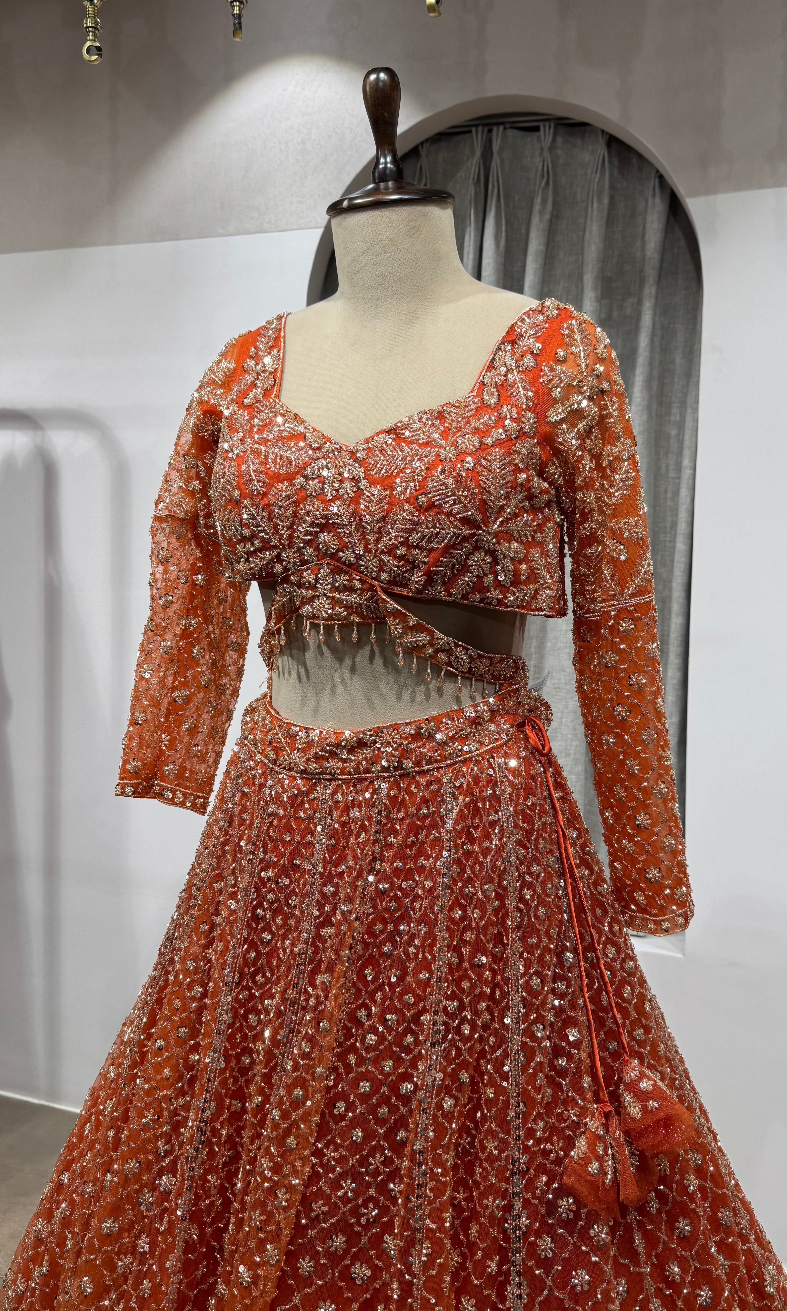 Orange Sequin Embroidered Bridal Lehenga Set