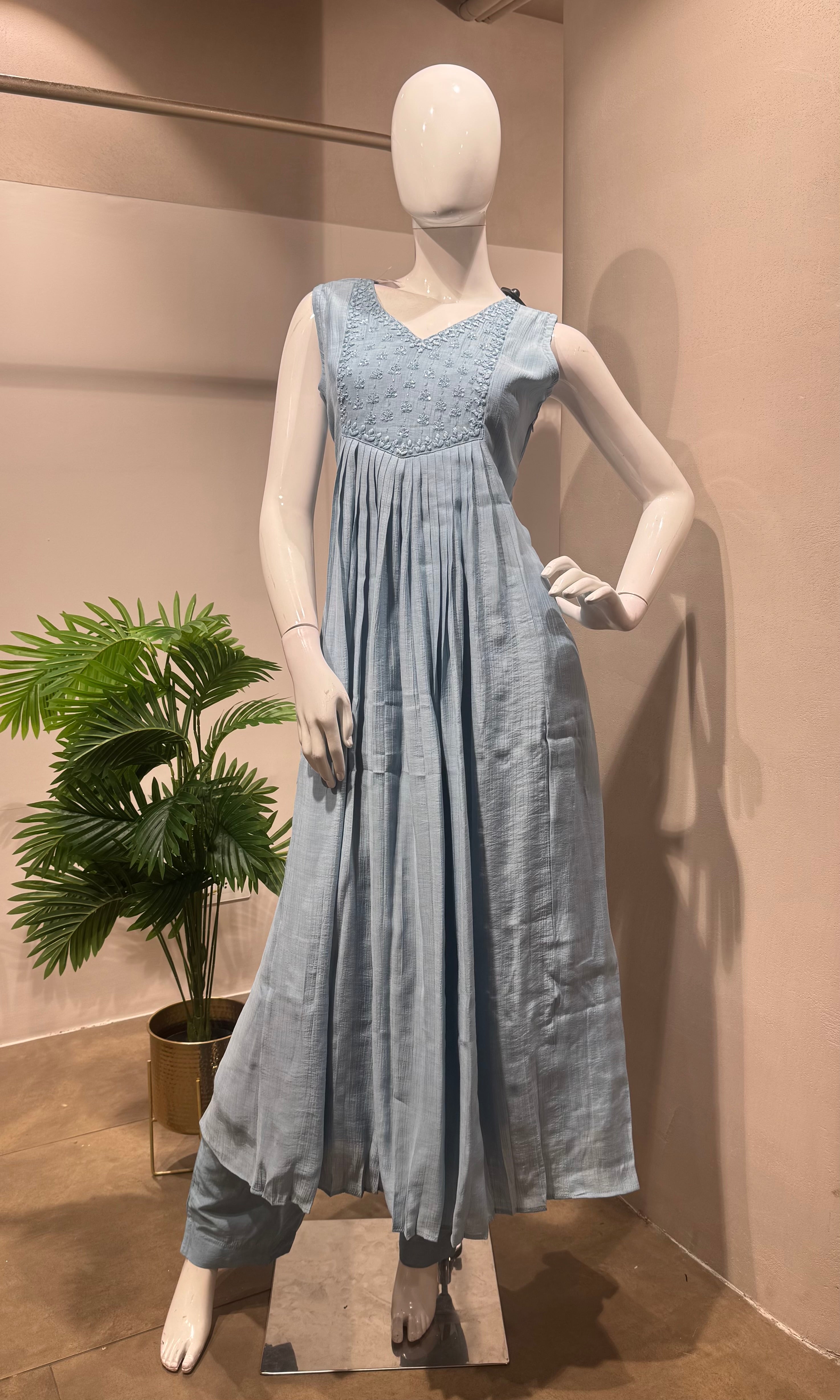blue embroidered anarkali kurta set