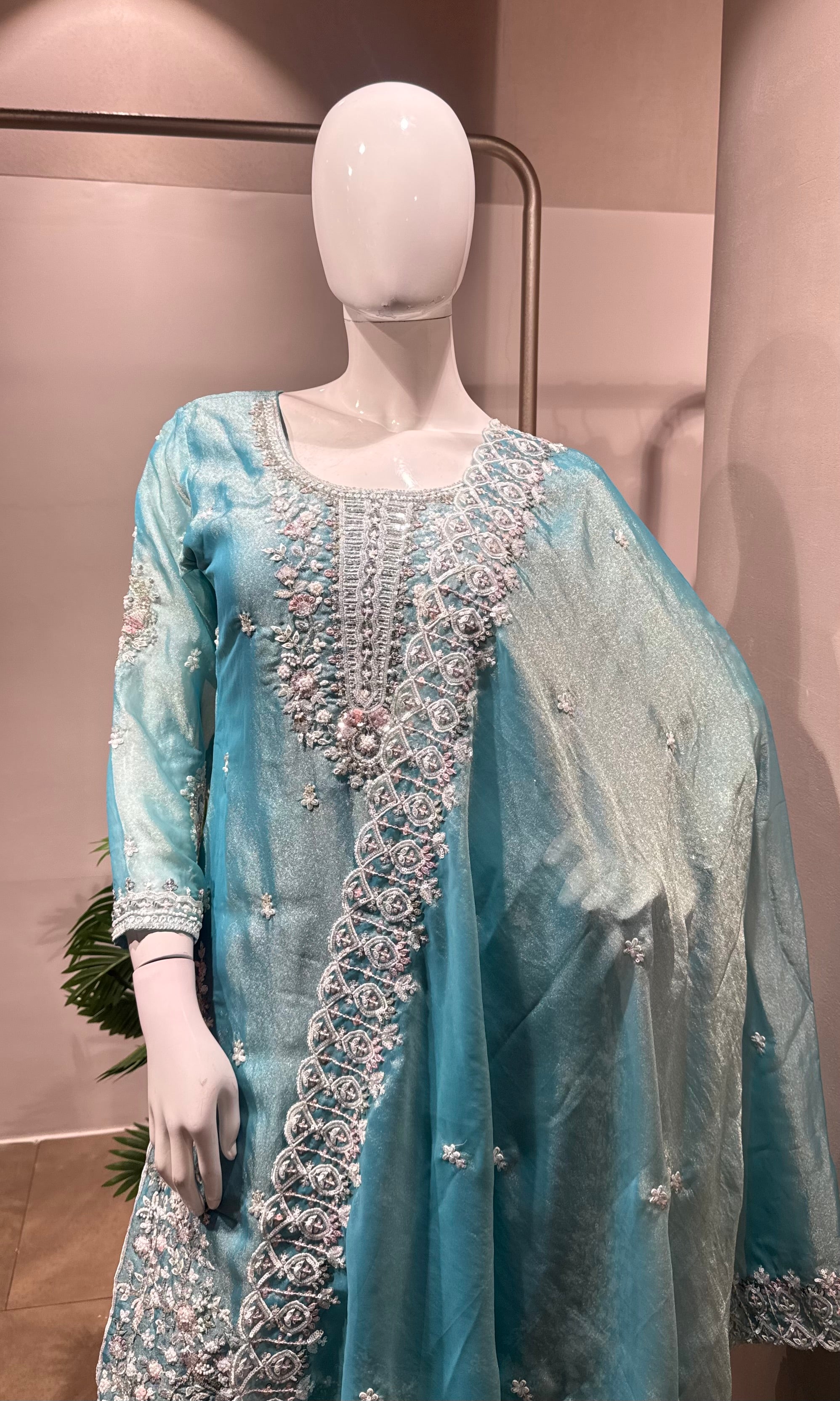 Sky Blue Embroidered Silk Palazzo set