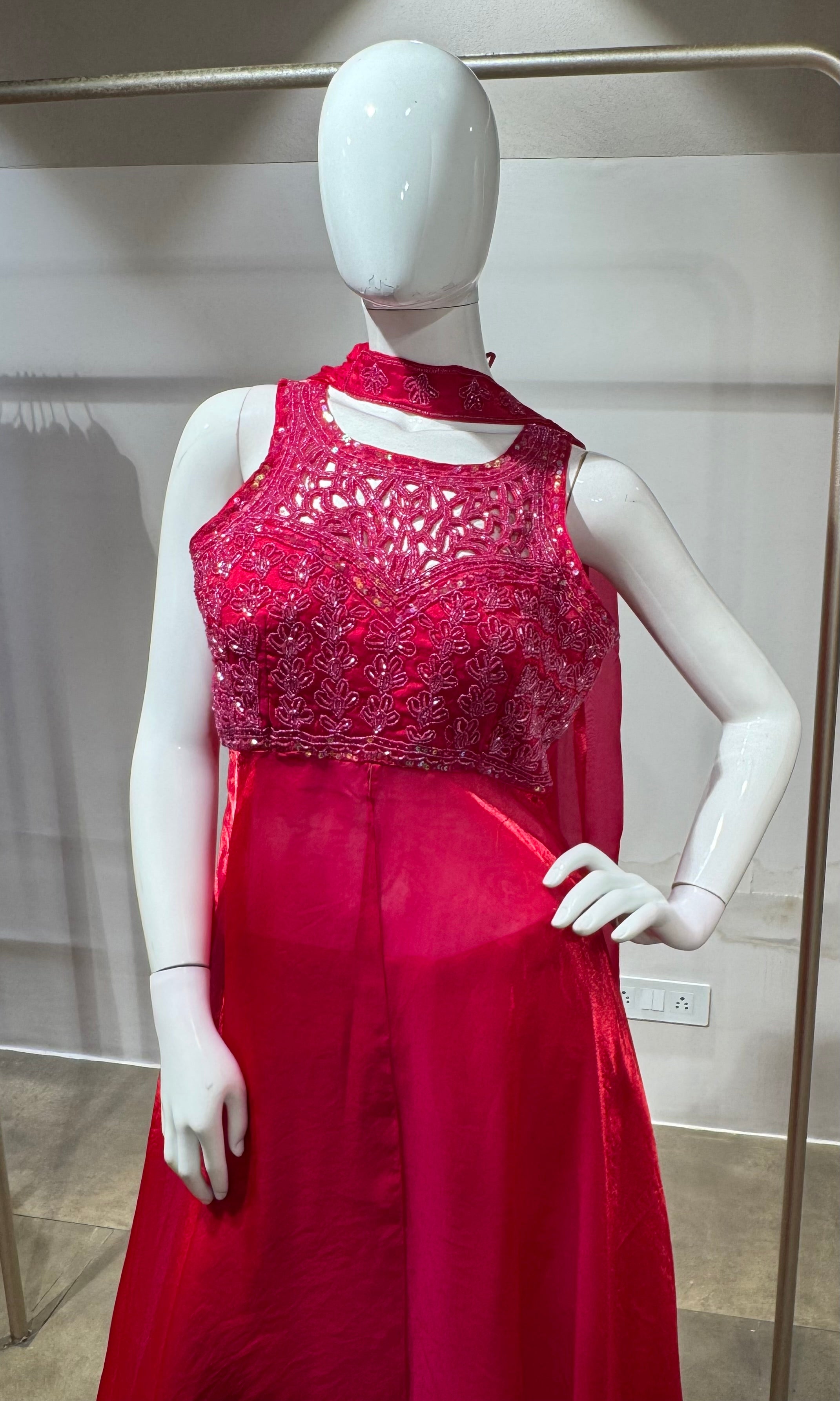 Rani Pink Front Slit Anarkali Palazzo Set