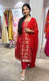 red Silk Embroidered Zari Kurta Set