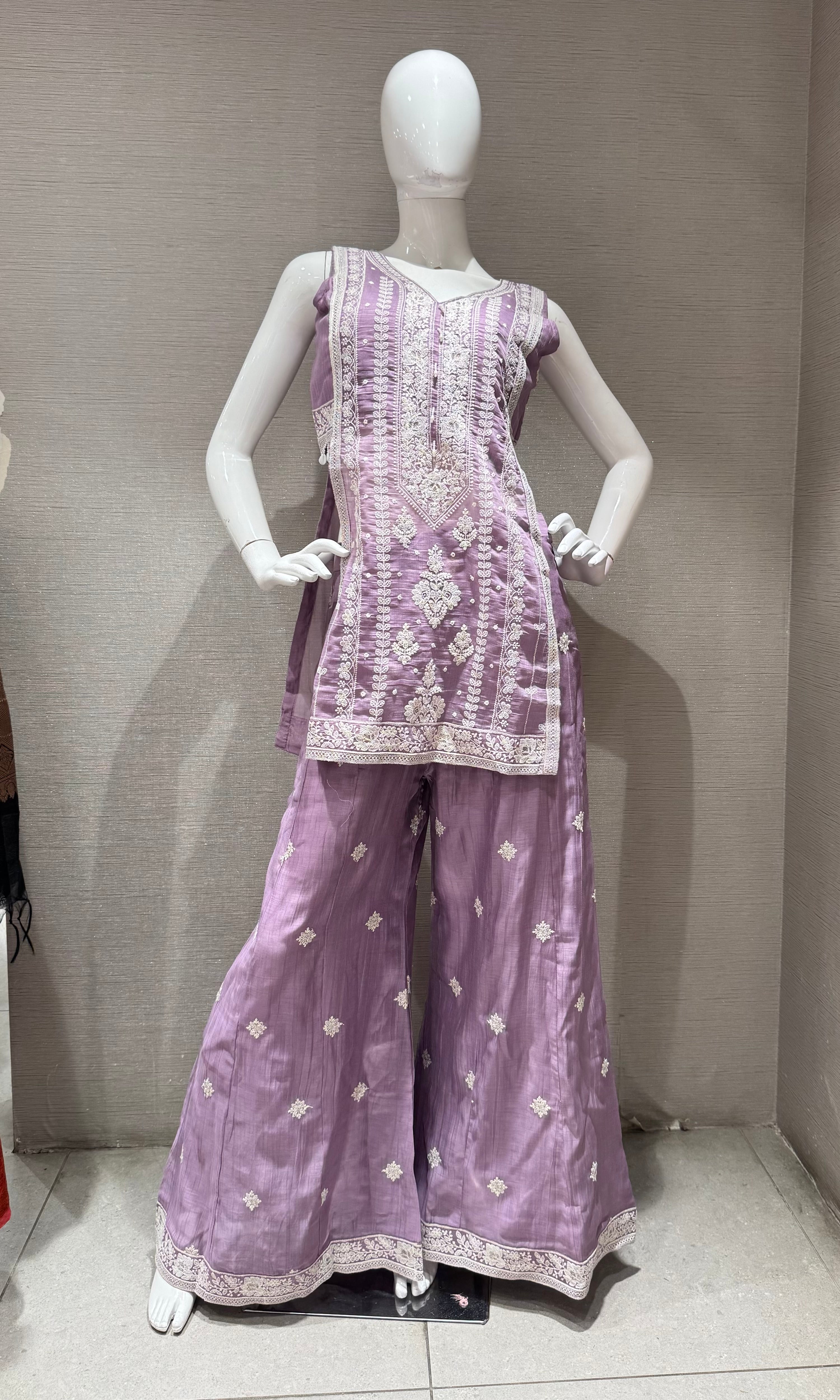 lavander Embroidered Shimmer Silk Palazzo Set