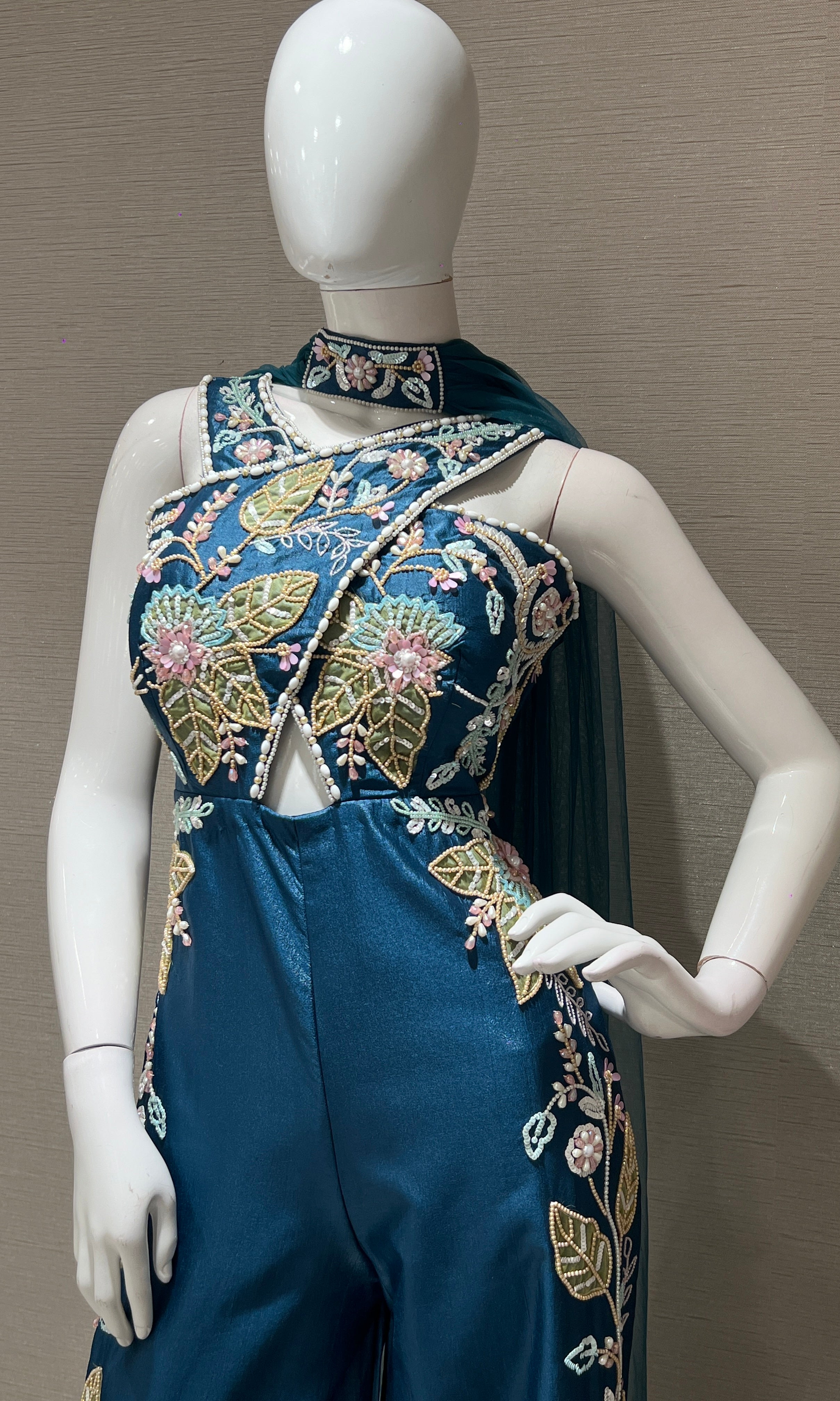 Teal blue Halter embellished jumpsuit