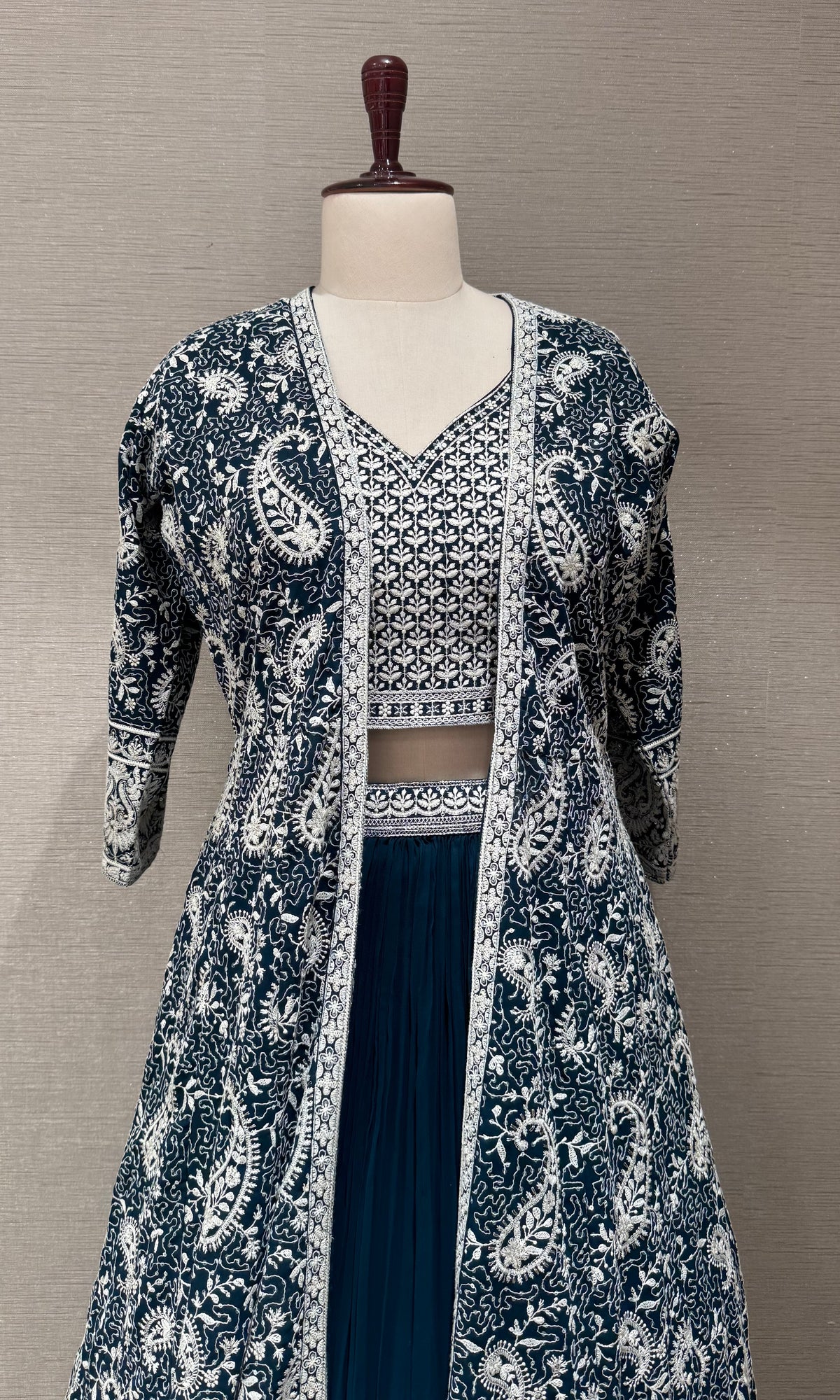 Midnight Blue Georgette Crop Top Lehenga with Jacket