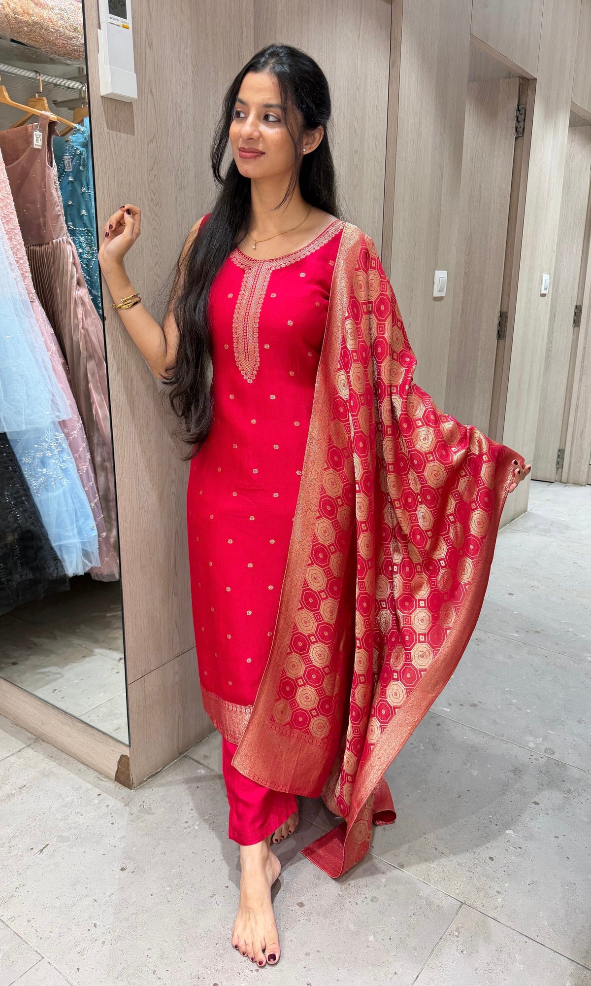 Red Banarasi silk Kurta Set with Patterned Dupatta