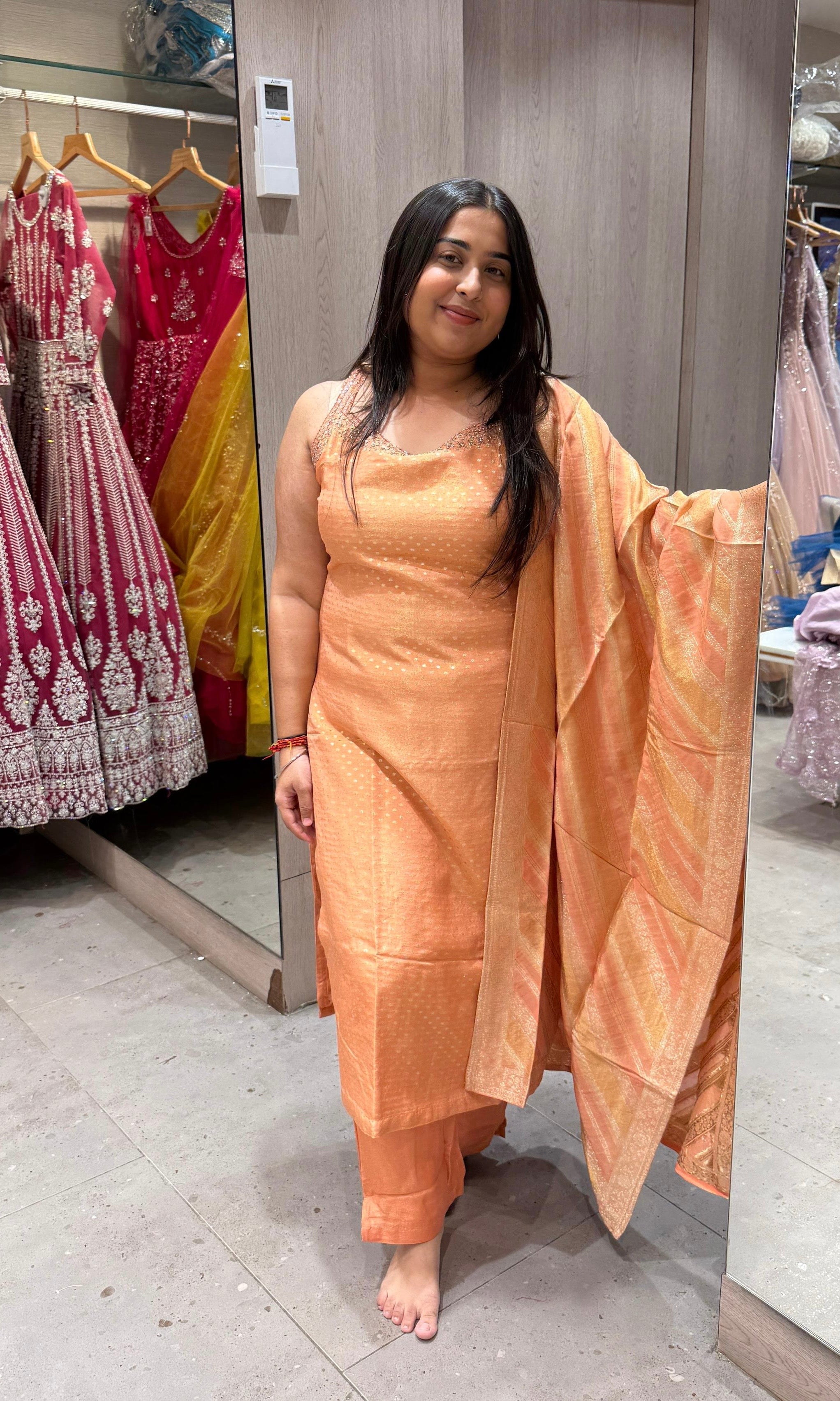 peach and gold Banarasi kurta set