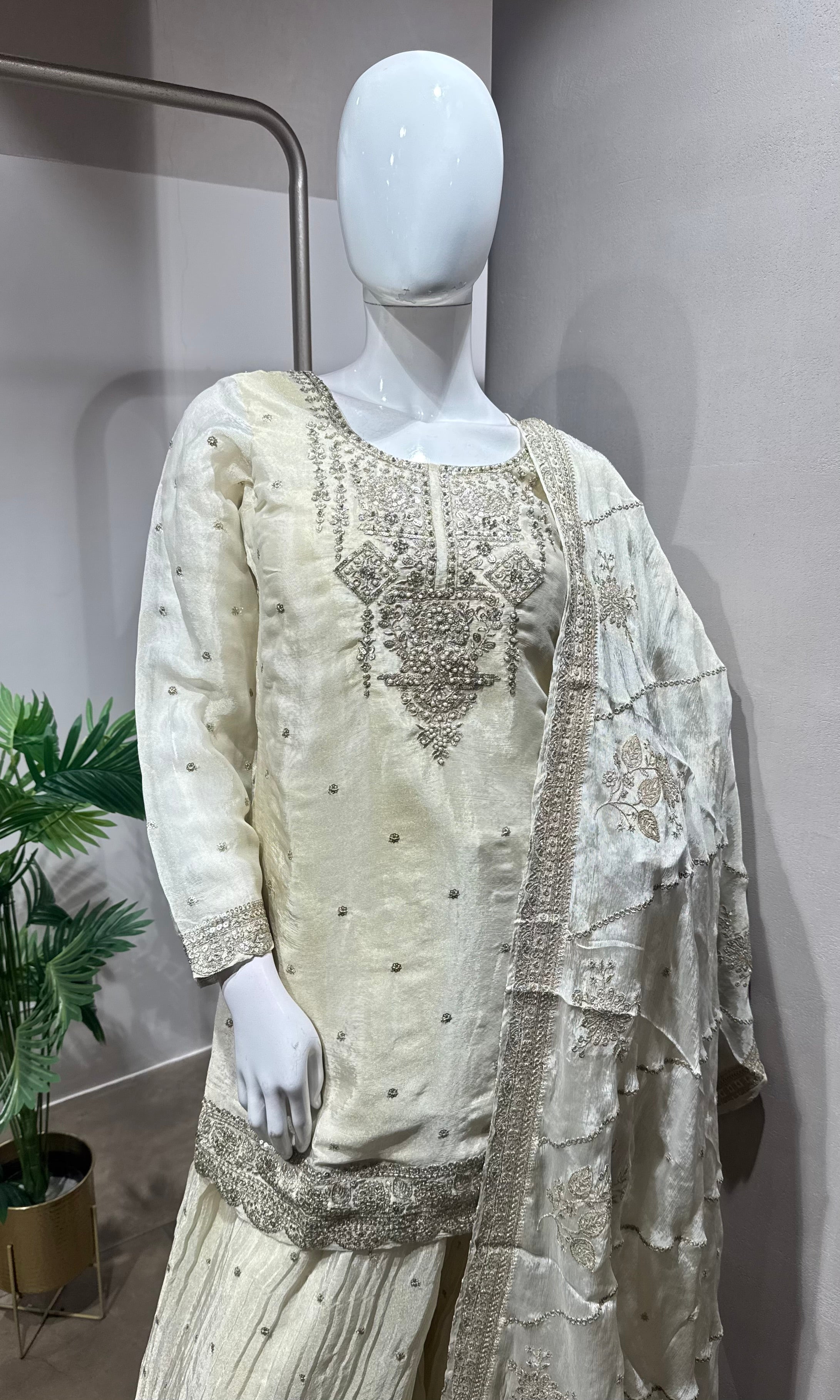 Cream Elegance Embroidered Sharara Set