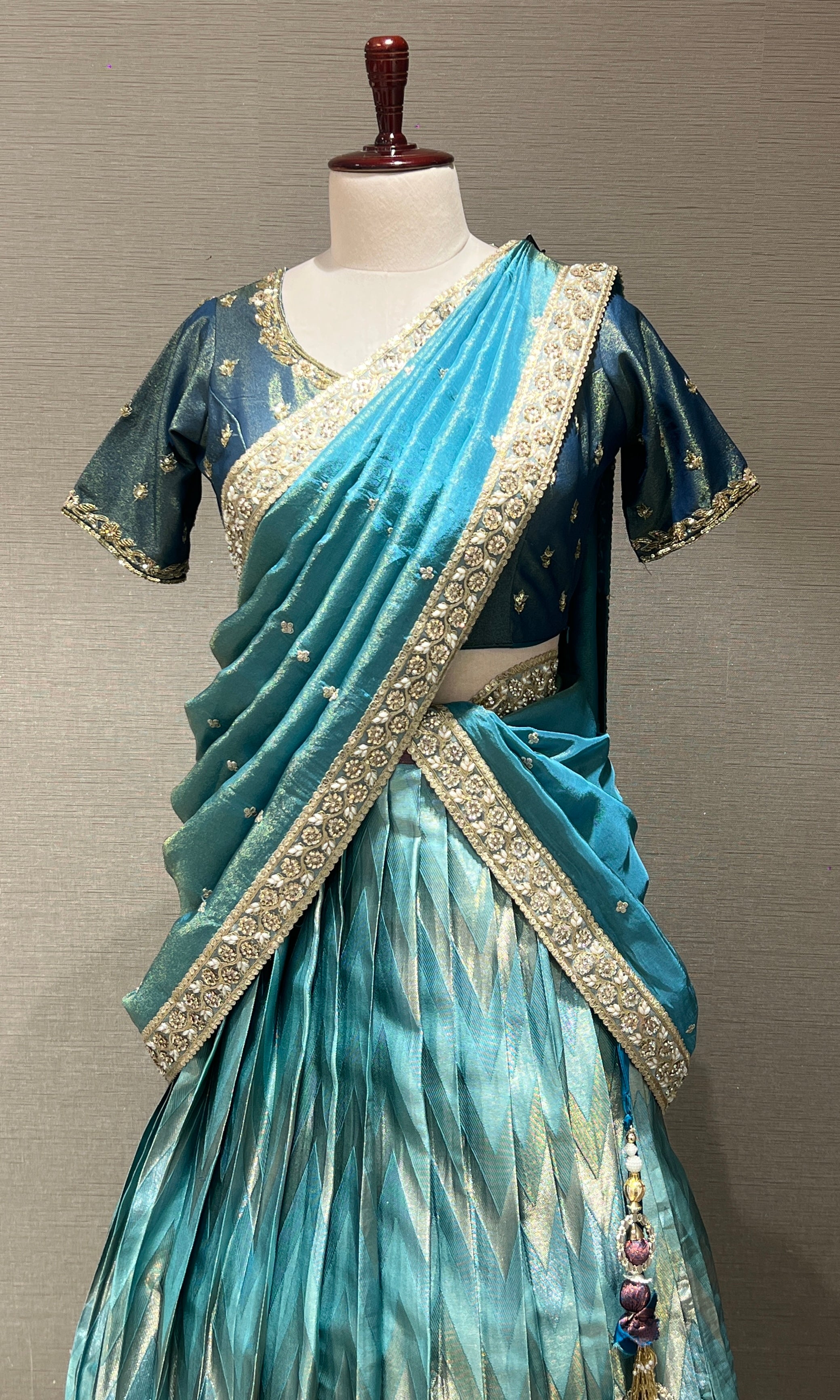 Blue Banarasi Lehenga with Navy Border