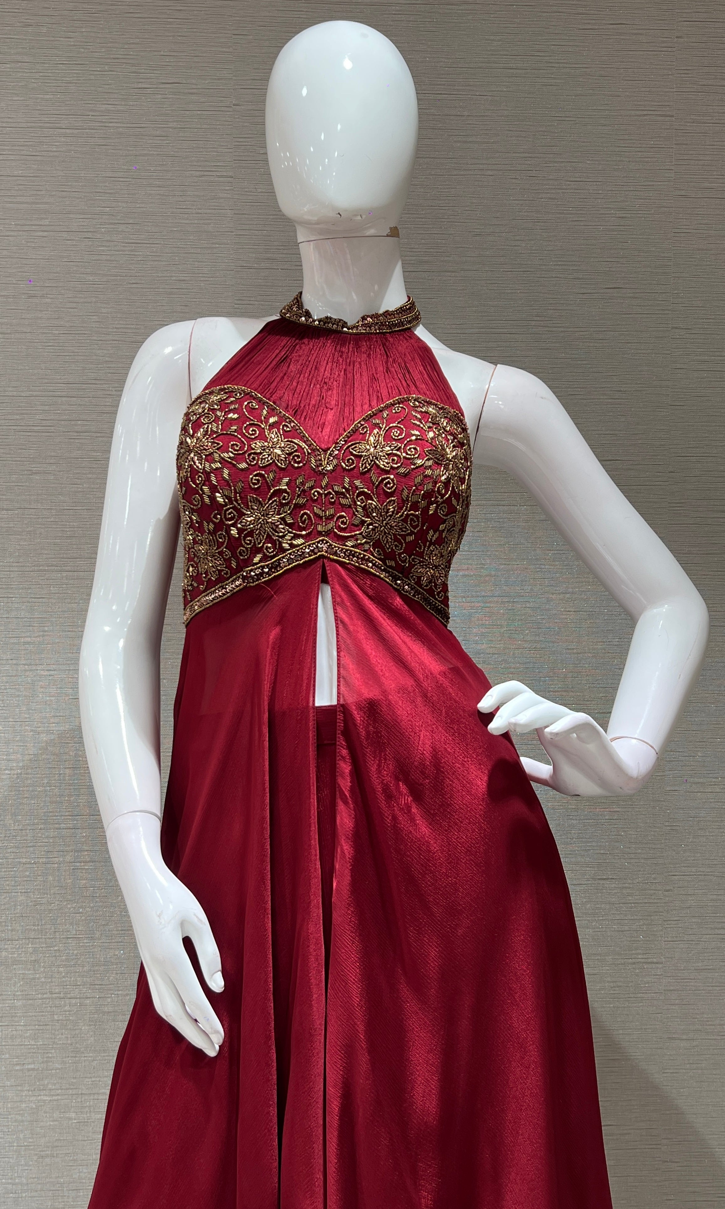 maroon HALTER NECK embroidered PALAZZO SET