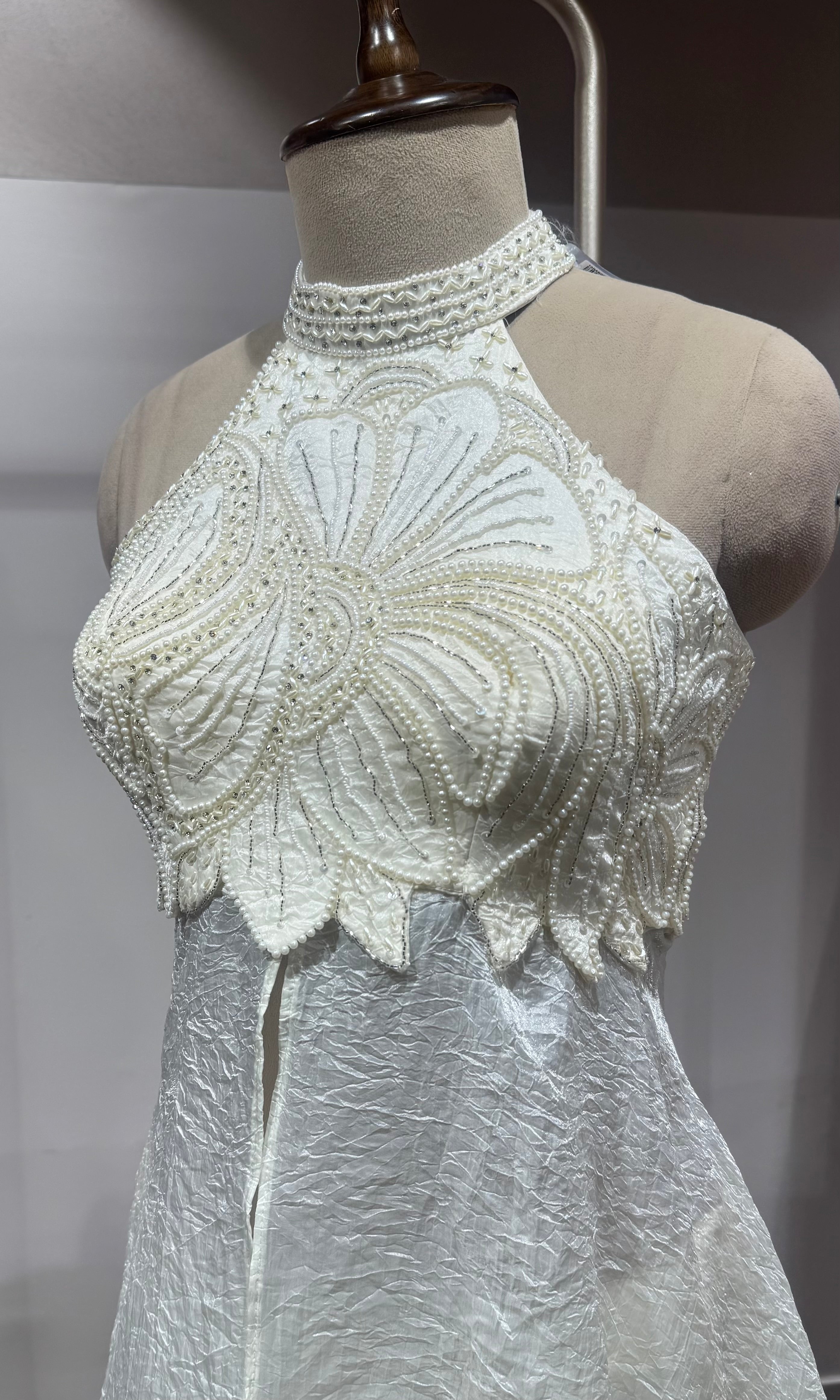 White Halter neck Embroidered peplum palazzo set