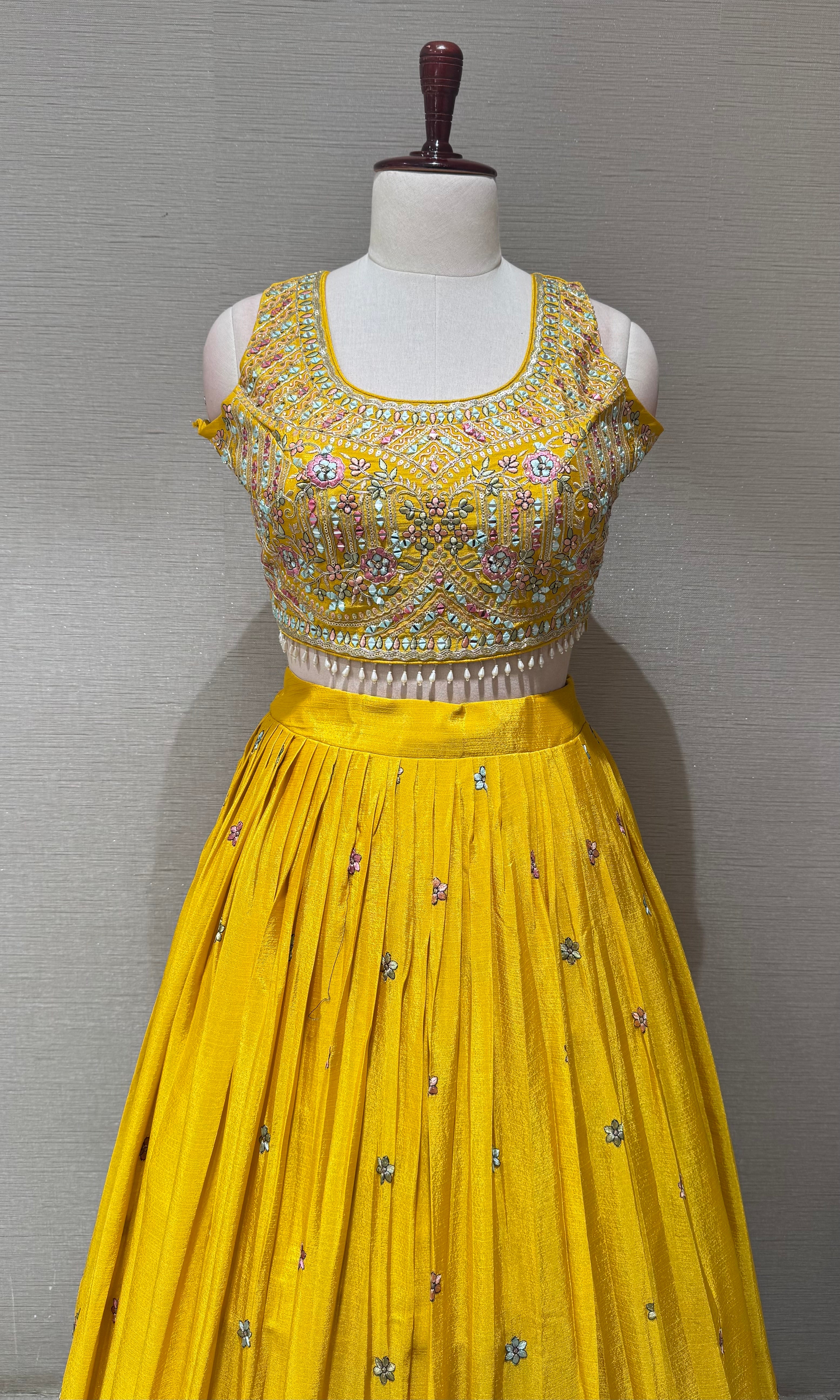 Yellow tissue silk Lehenga Set with Intricate Floral Embroidery