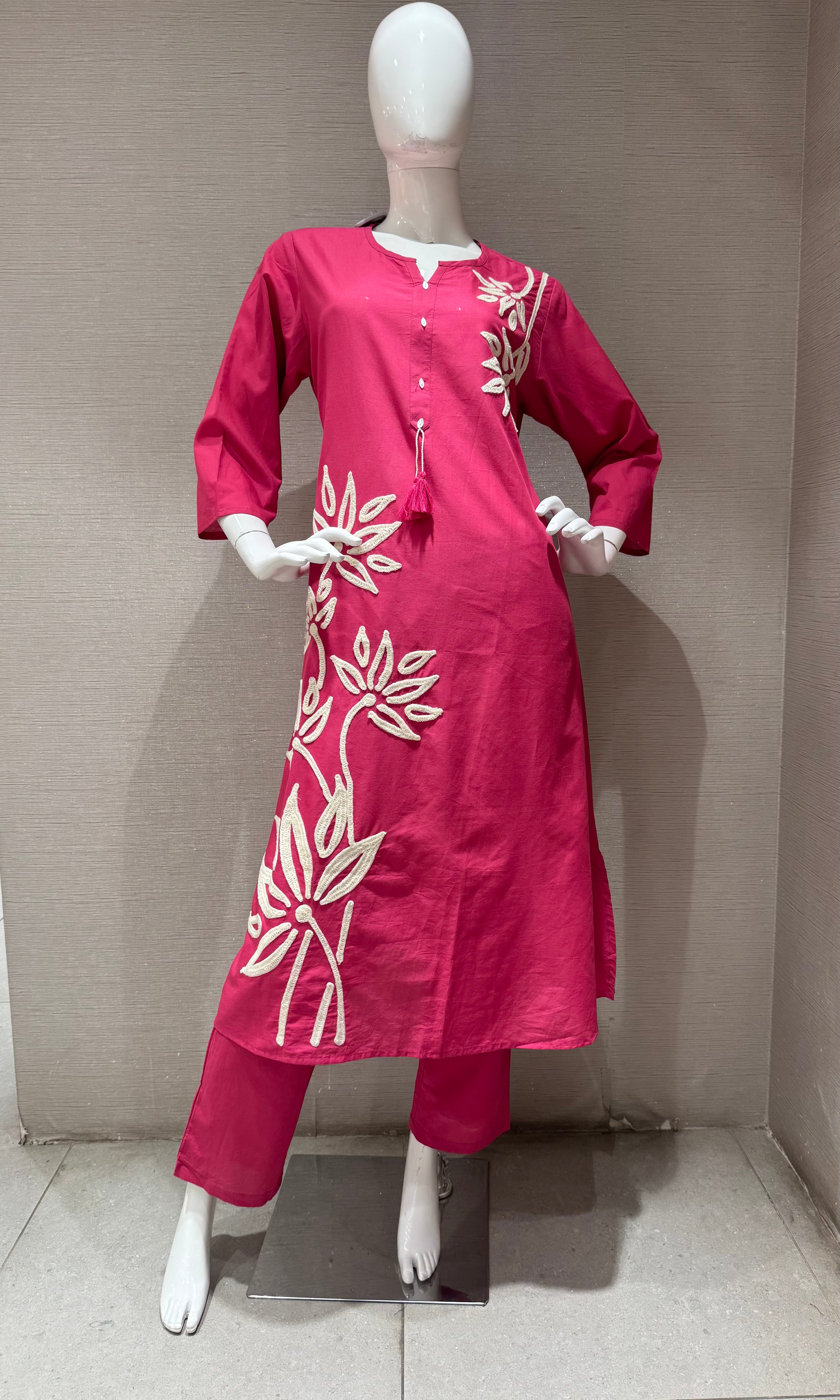 pink embroidery cotton kurta set with a dupatta