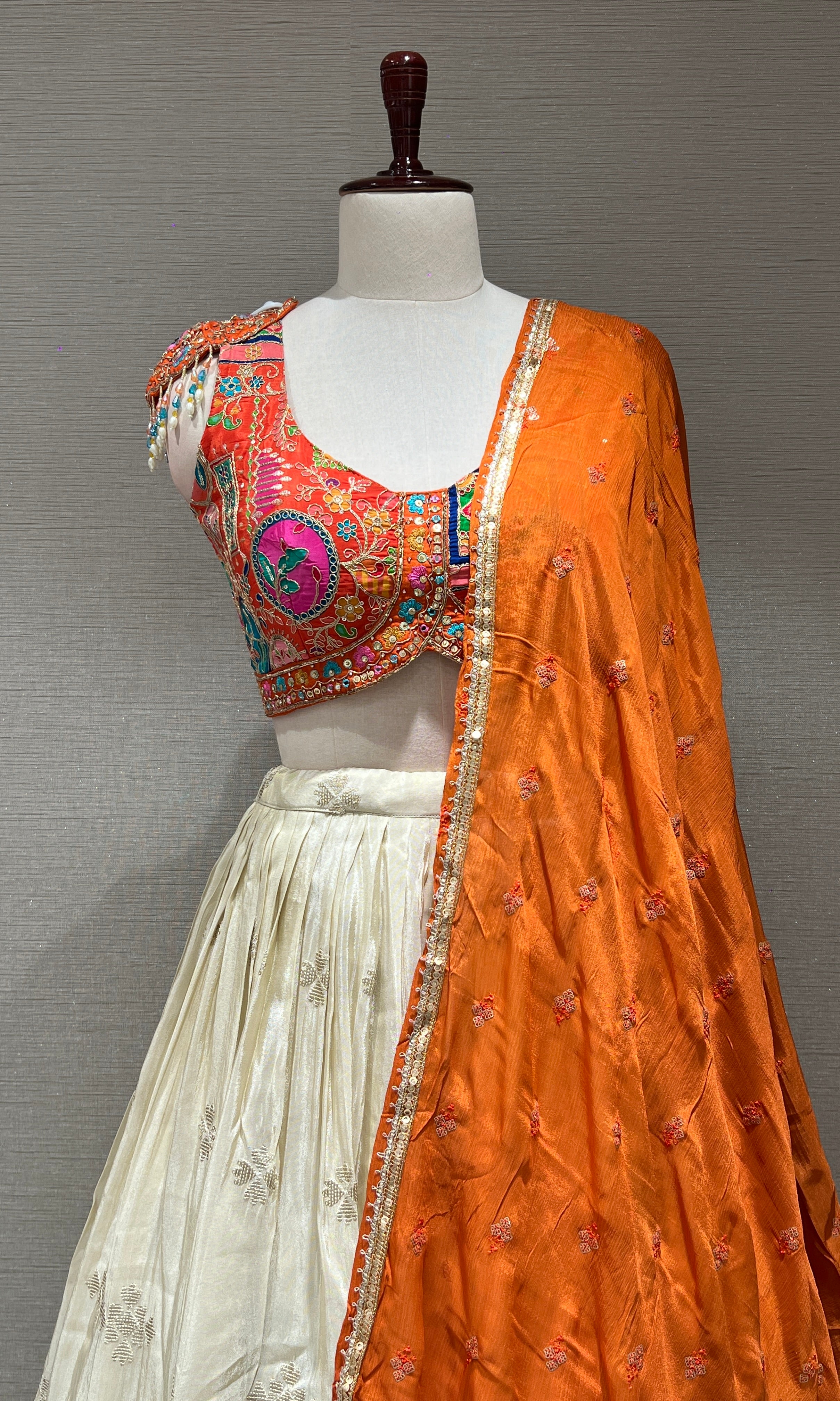 Orange and Cream Embroidered Lehenga