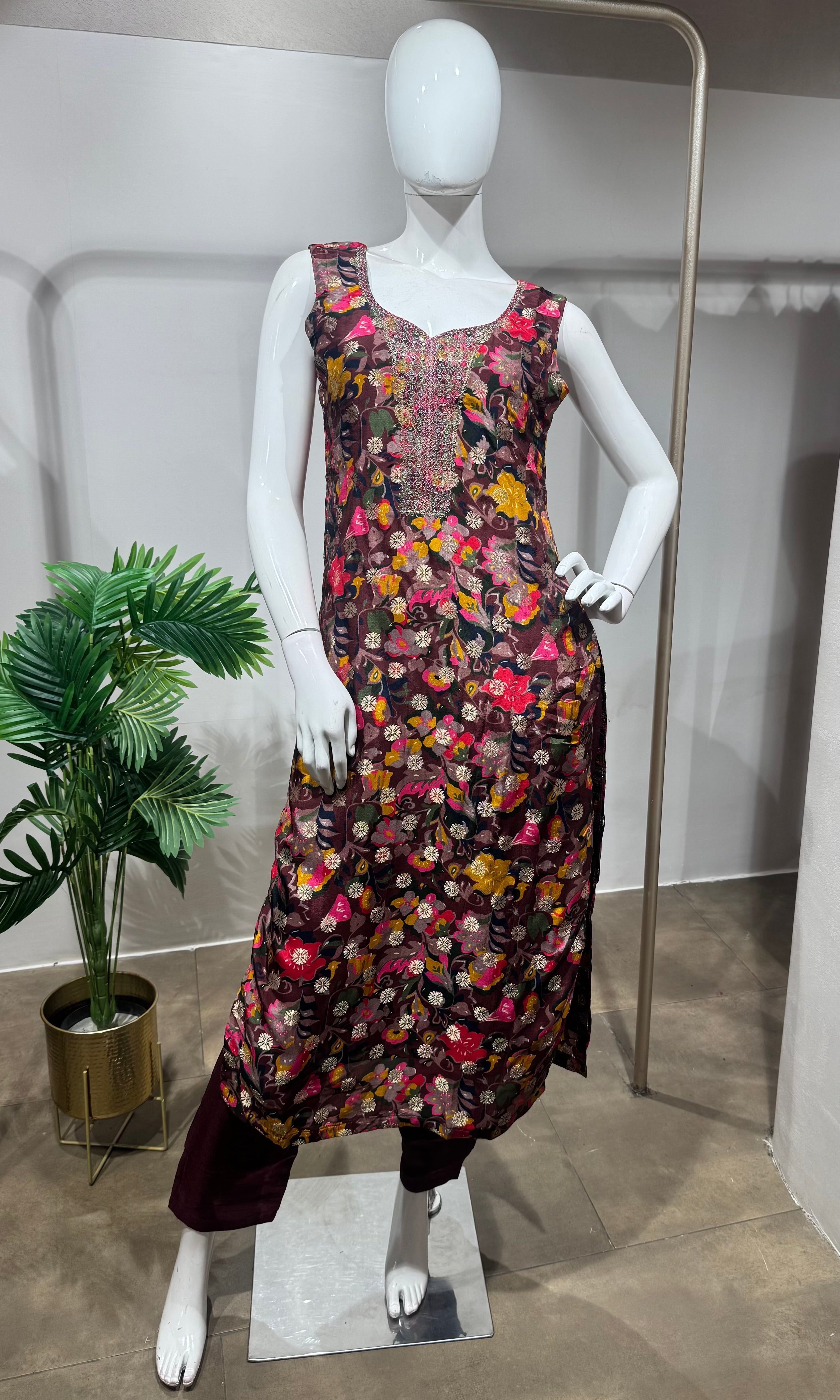 Wine multi floral printed kurta set