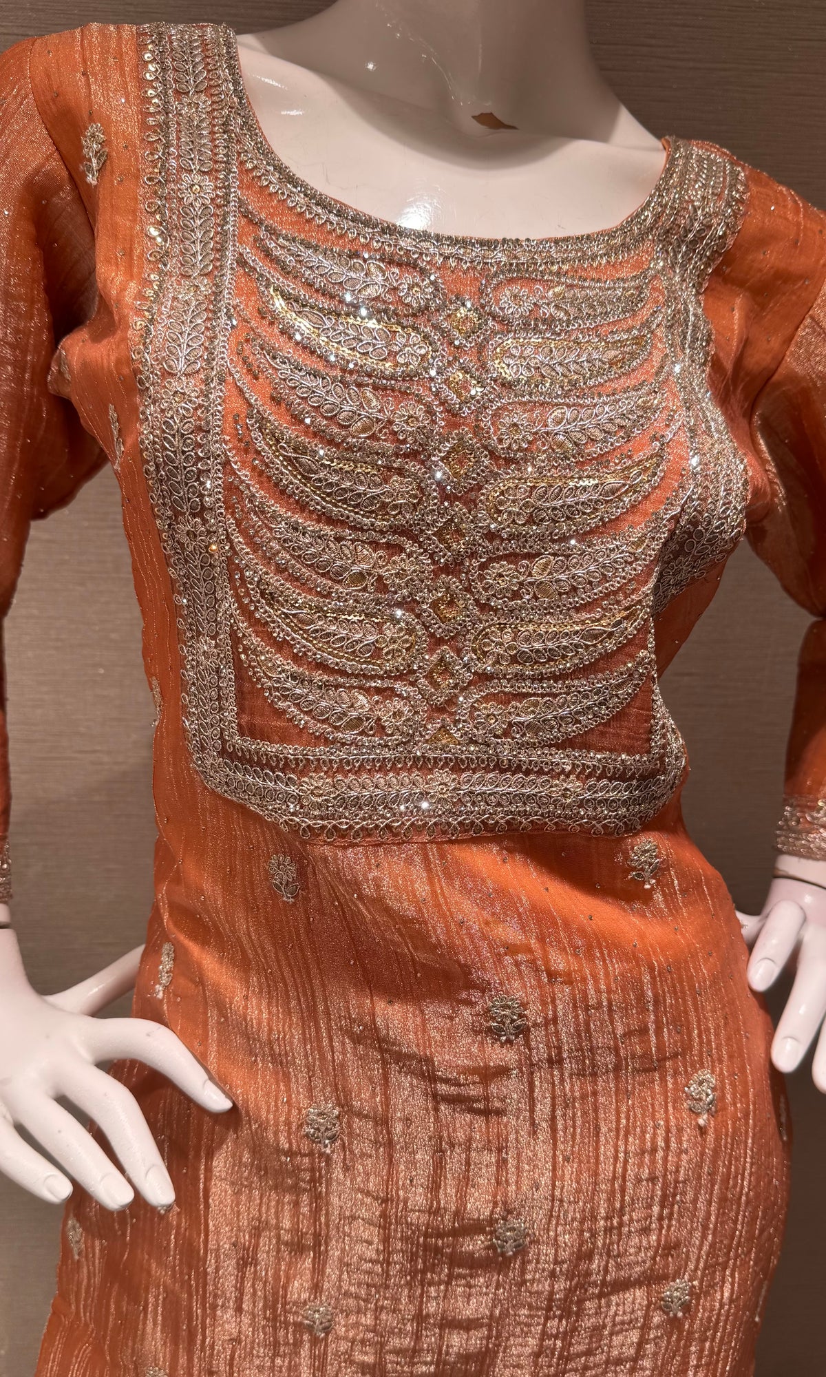 Peach Shimmer Embroidered Kurta Set with Sheer Dupatta