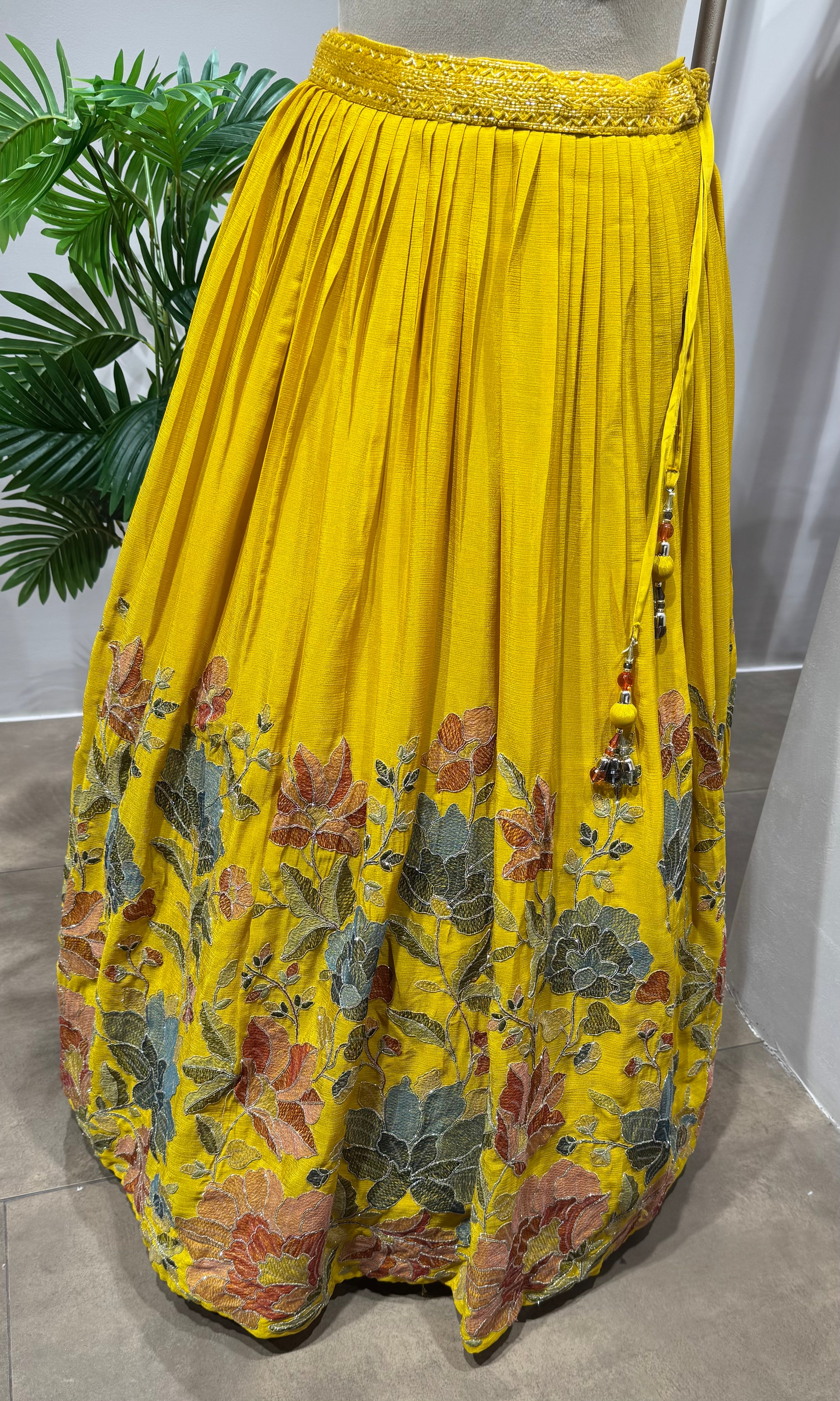 yellow floral printed embroidered lehenga
