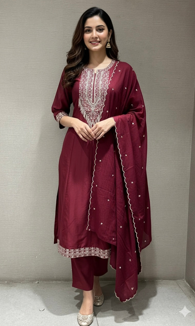Maroon EMBROIDERED KURTA SET