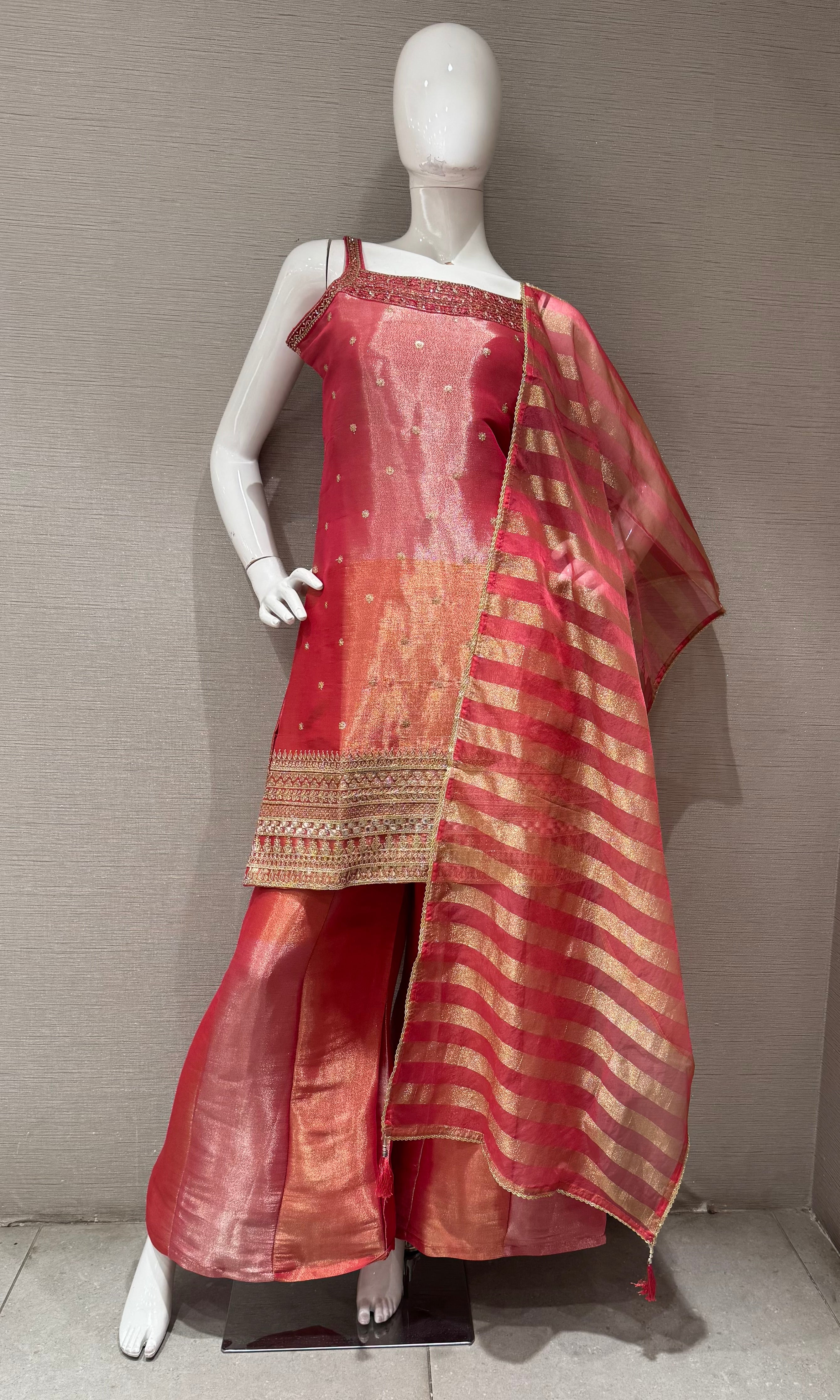 Pink and Gold Zari Sharara set with Sheer Dupatta