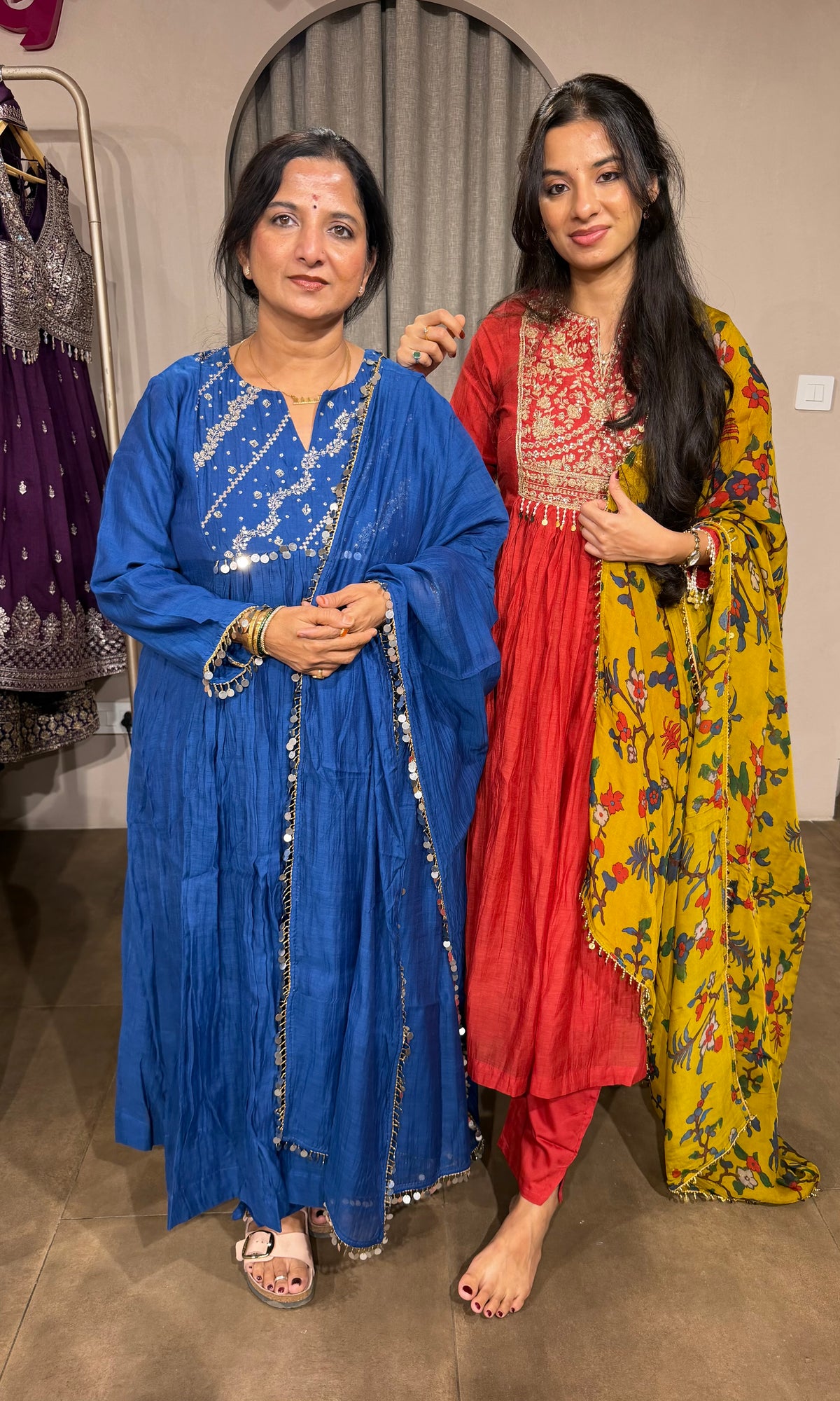 Red Mul Chanderi Kurta Set with Floral Mustard Dupatta