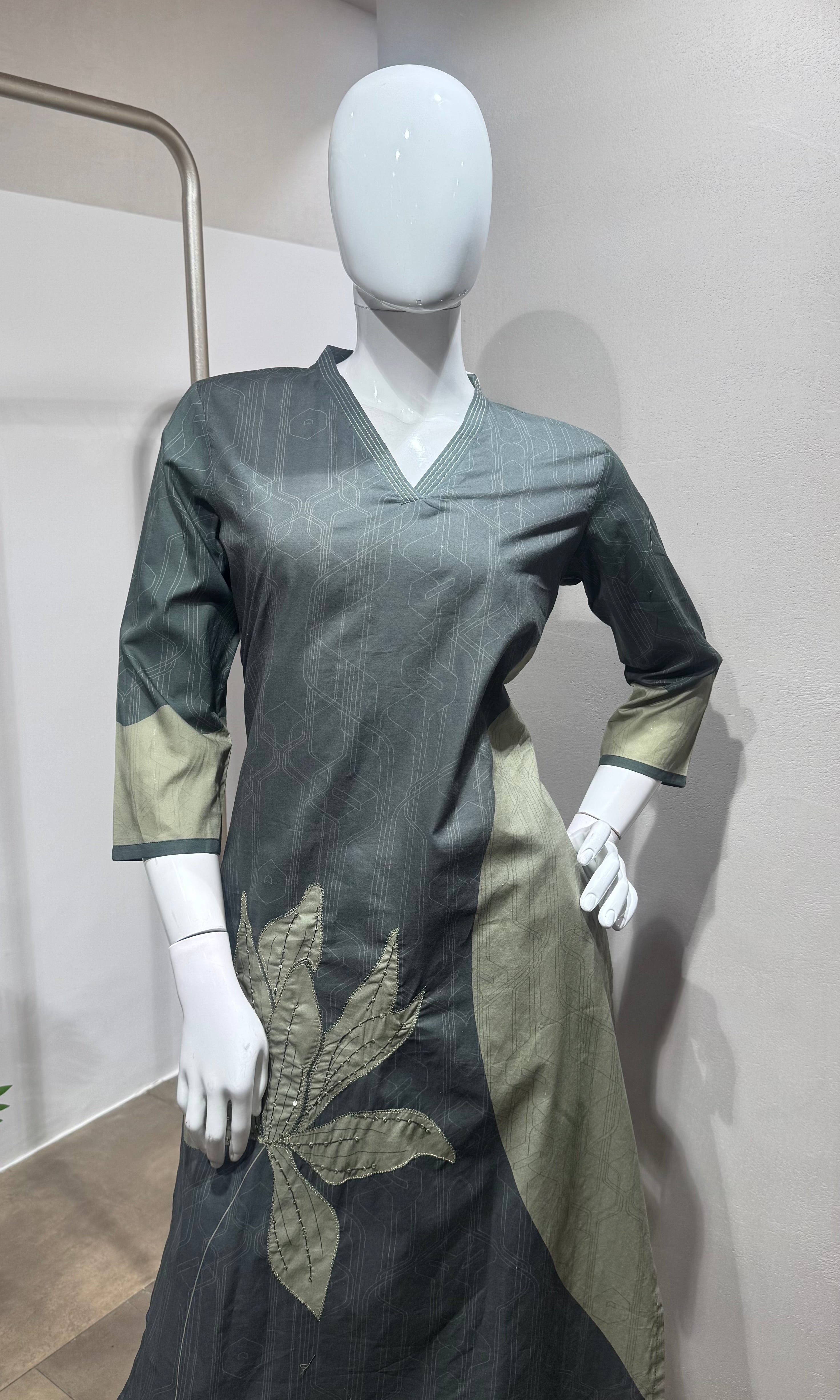 Green V-Neck Floral Embroidered kurta set