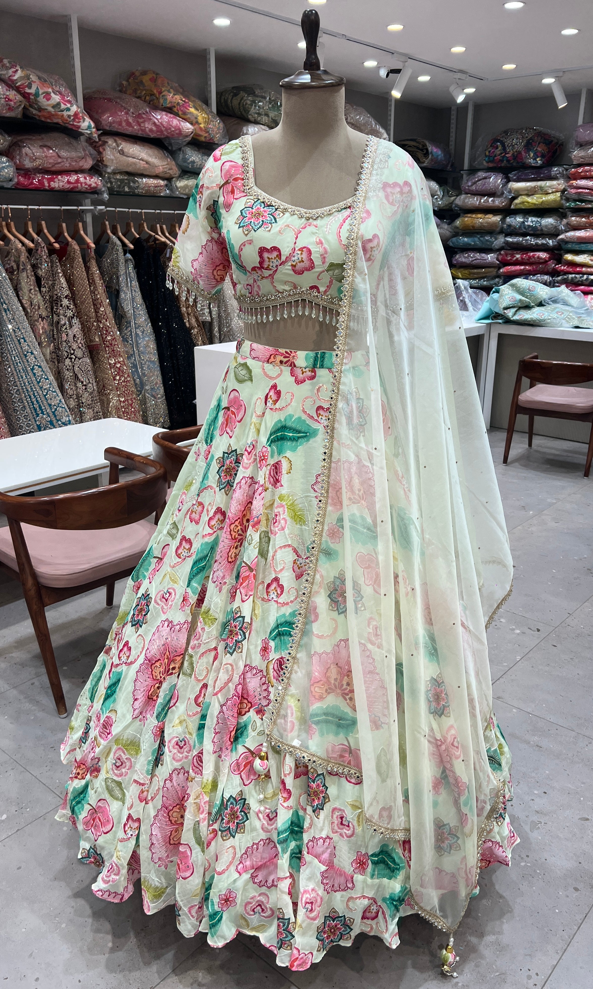 Pista green Floral Printed Lehenga