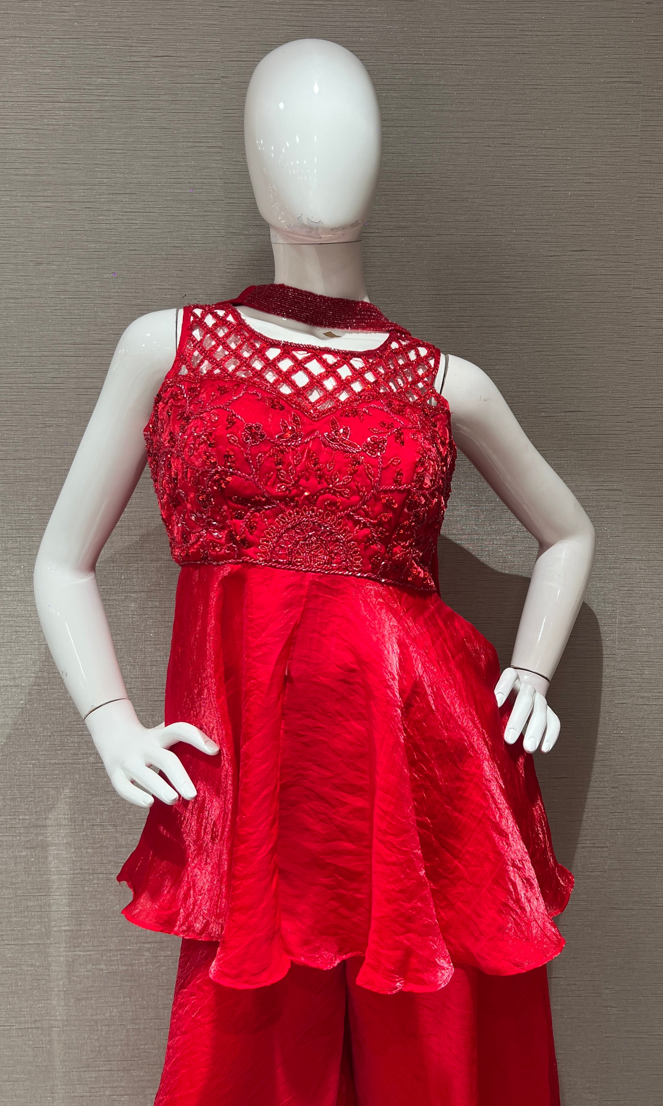 Crimson Red Ruffled Peplum Palazzo Set