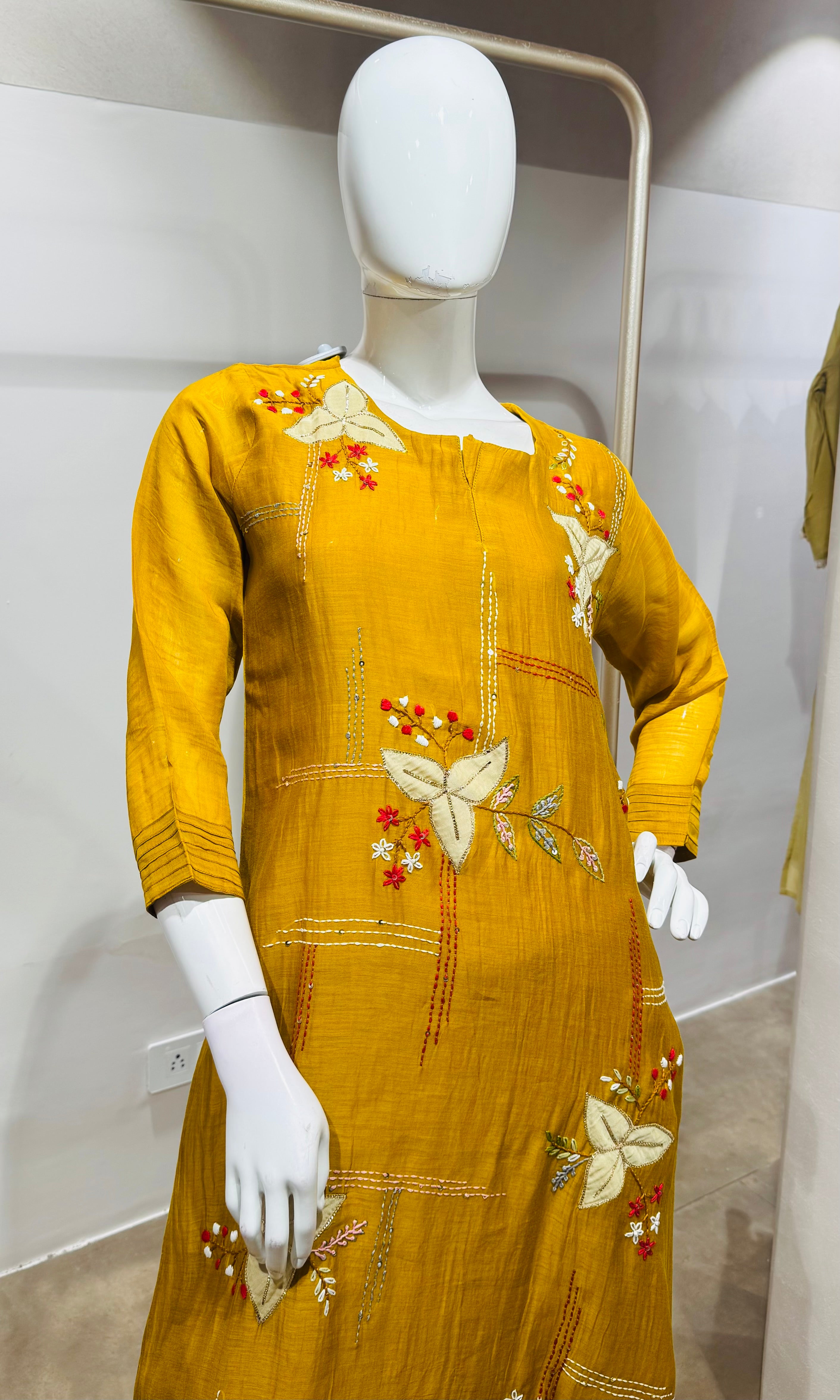 Mustard Elegant Muslin Pleated Chanderi Kurta Set