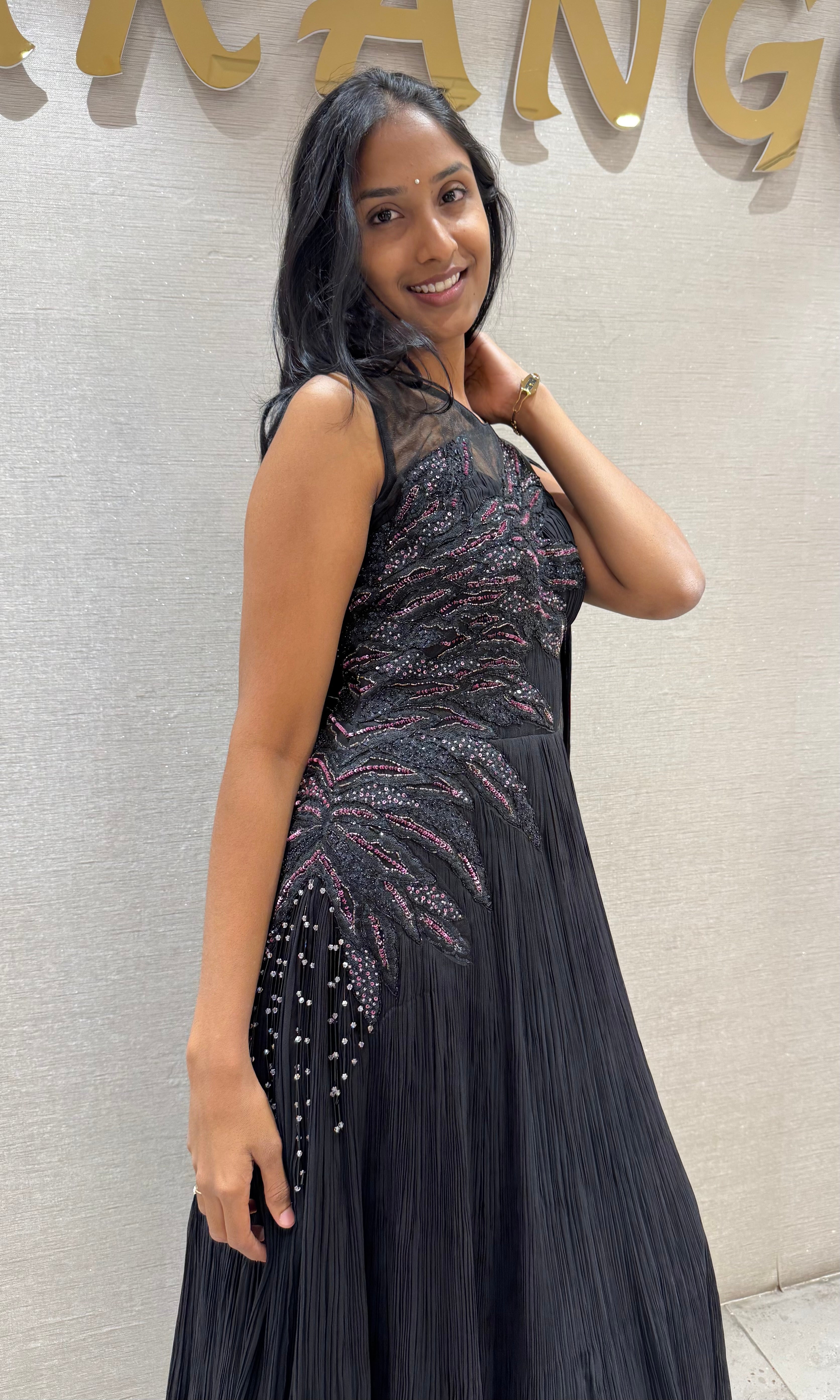 Black Swarovski stone long dress with ruffles