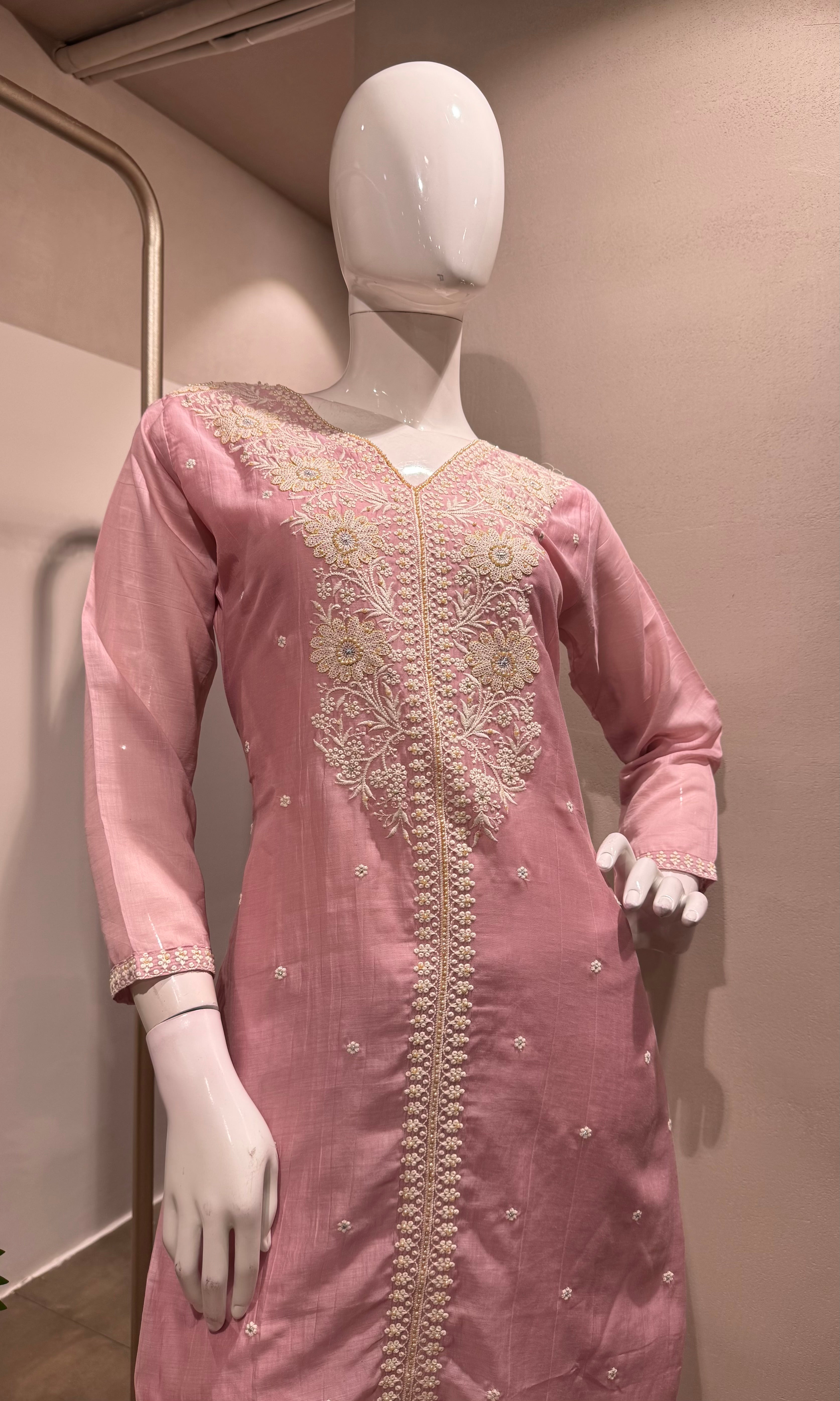 BABY Pink Chanderi Kurta with Floral Cut