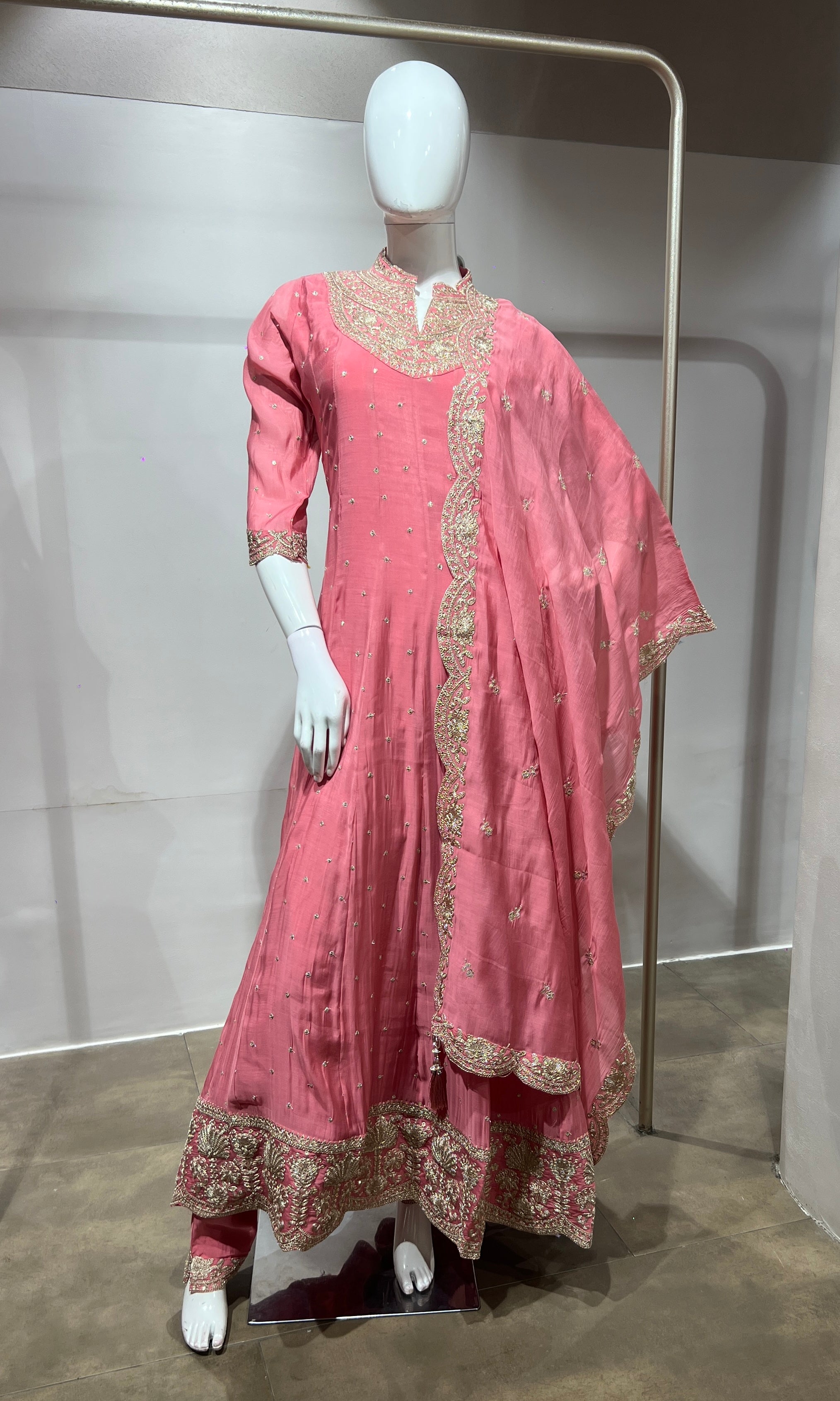 blush pink Silk Anarkali Suit Set with Scallop Dupatta