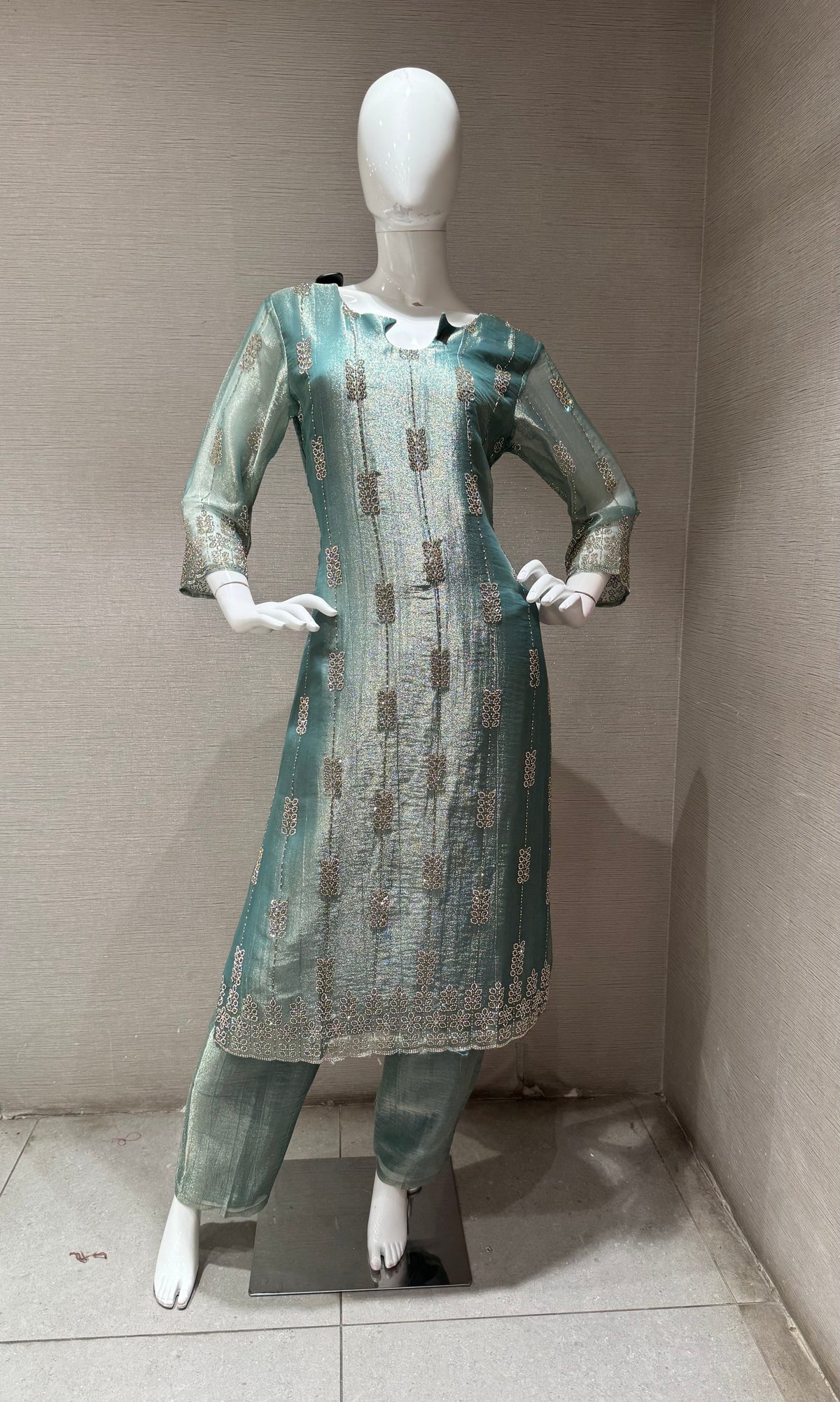sage green tissue silk embroidered kurta set